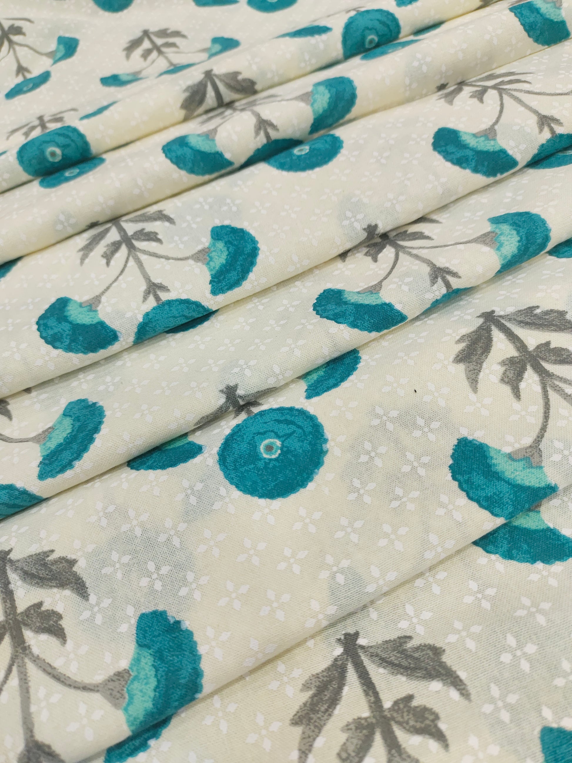 Off white flex floral fabric with rama green motif print