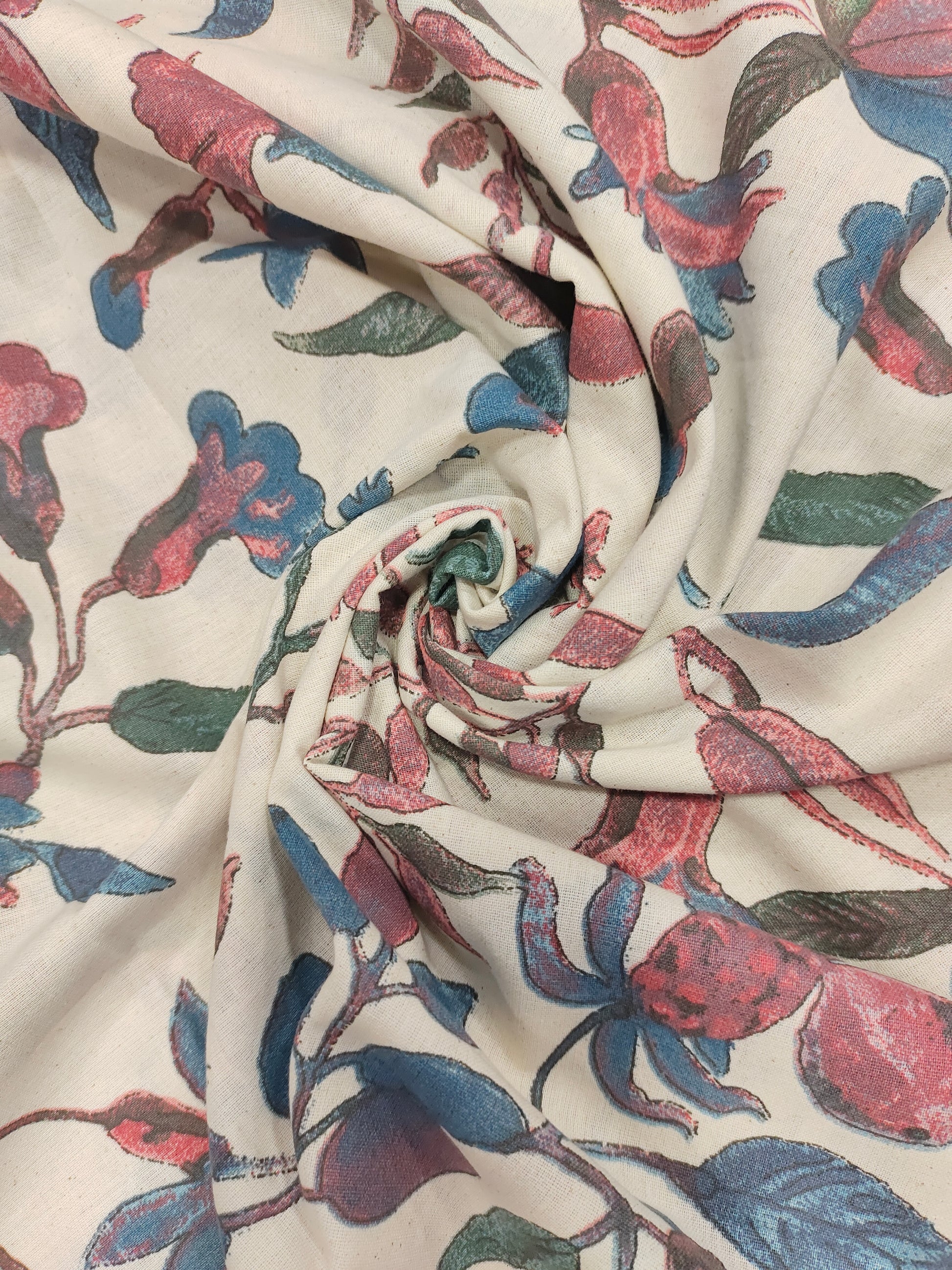Cotton flex fabric floral print with pink and blue