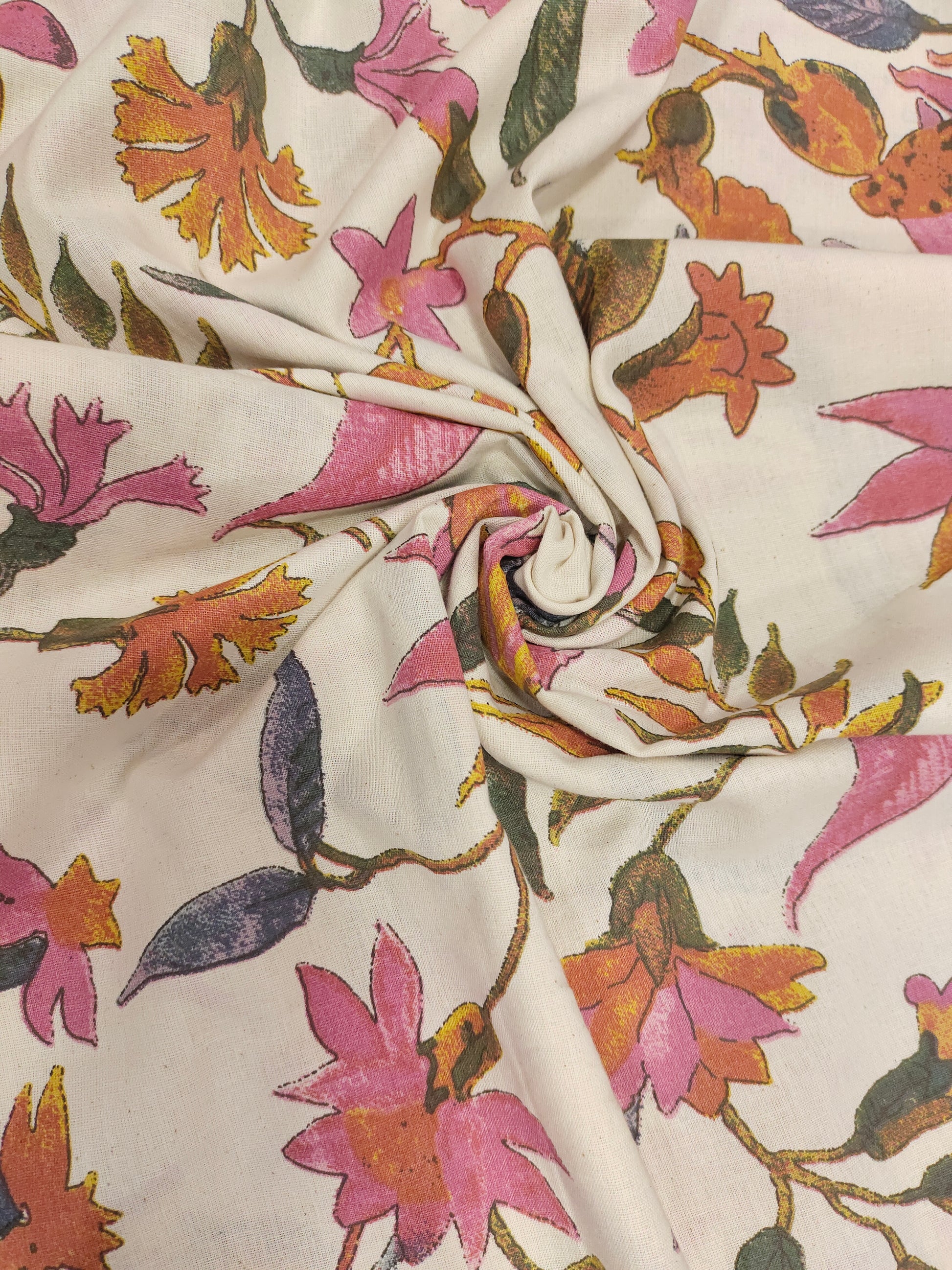 Cotton flex fabric floral print with pink rust and grey
