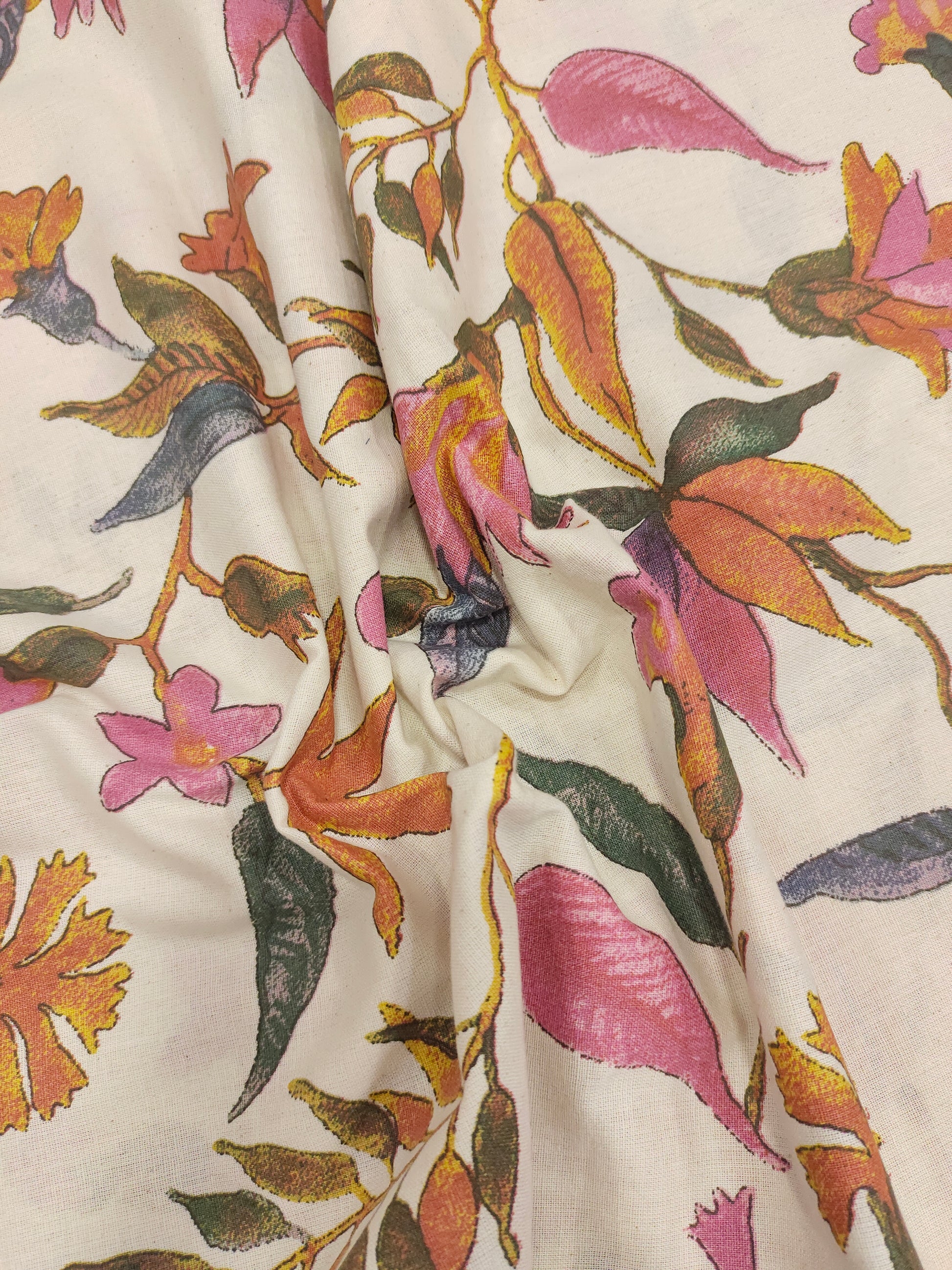 Cotton flex fabric floral print with pink rust and grey