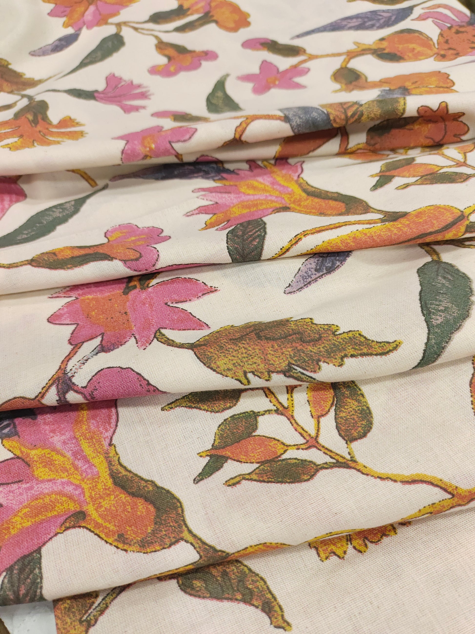 Cotton flex fabric floral print with pink rust and grey