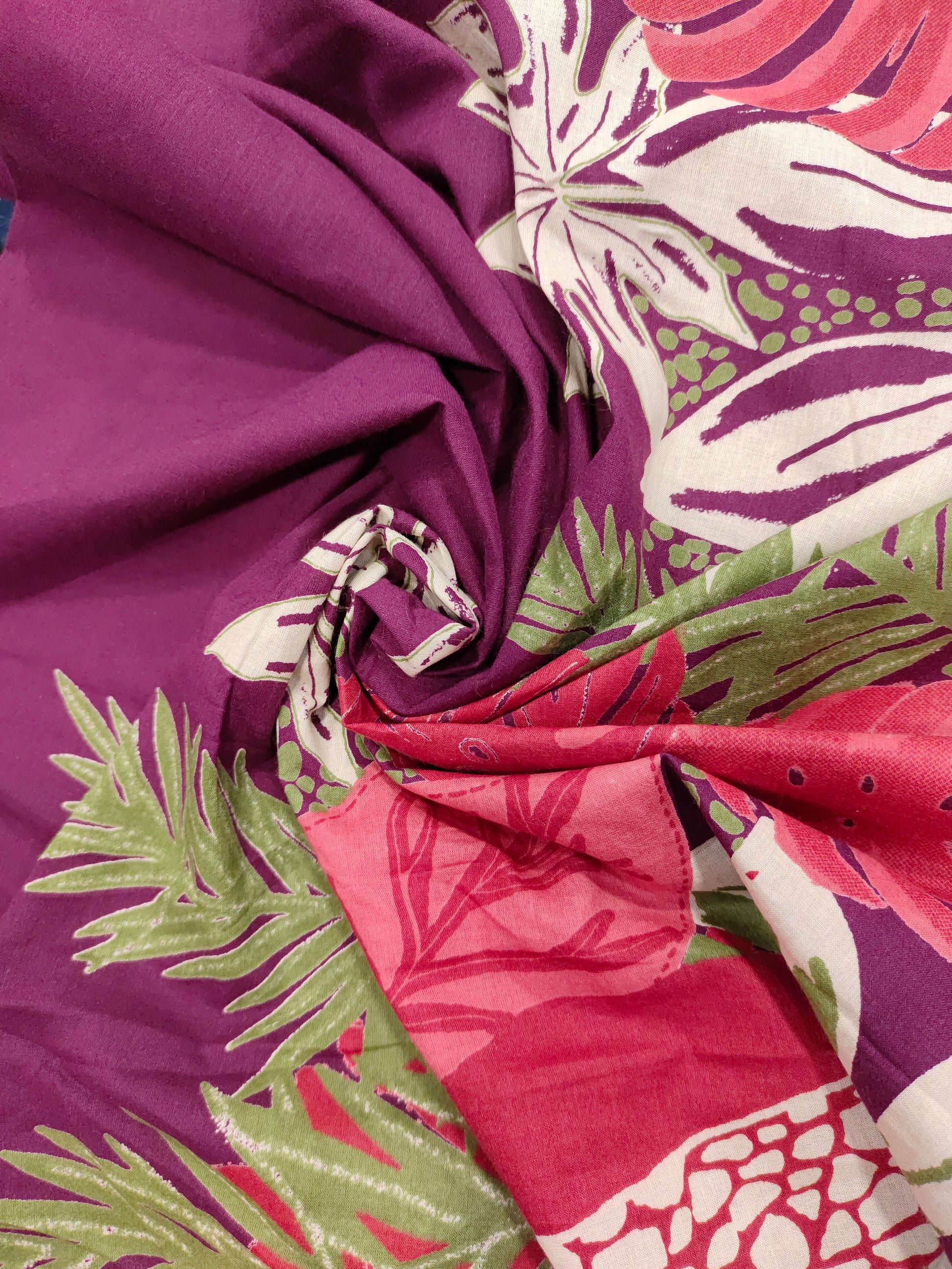 Jaipur cotton daman print on wine color with tomato and green