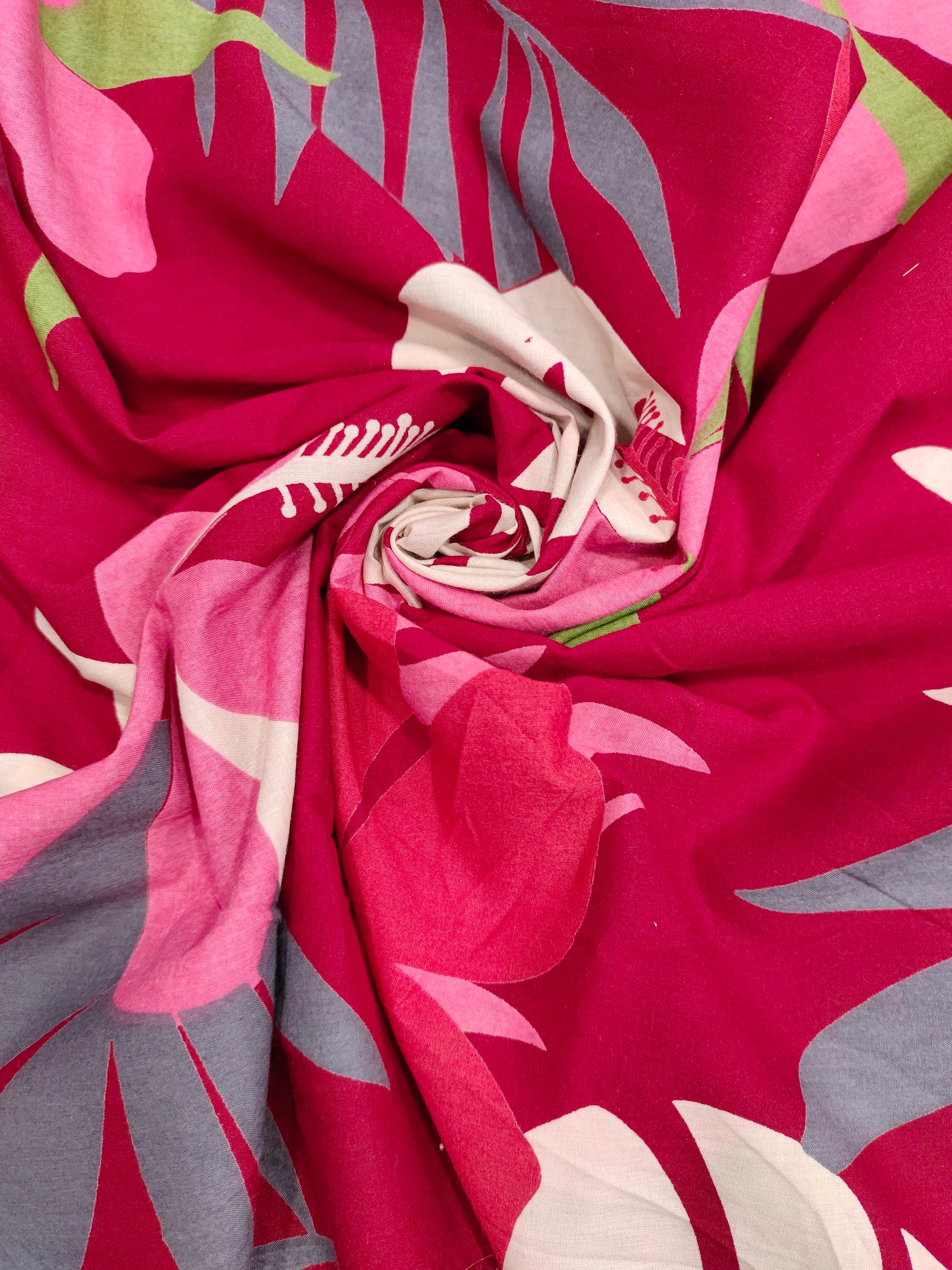 Jaipur cotton big floral print with Grey pink and green on maroon fabric