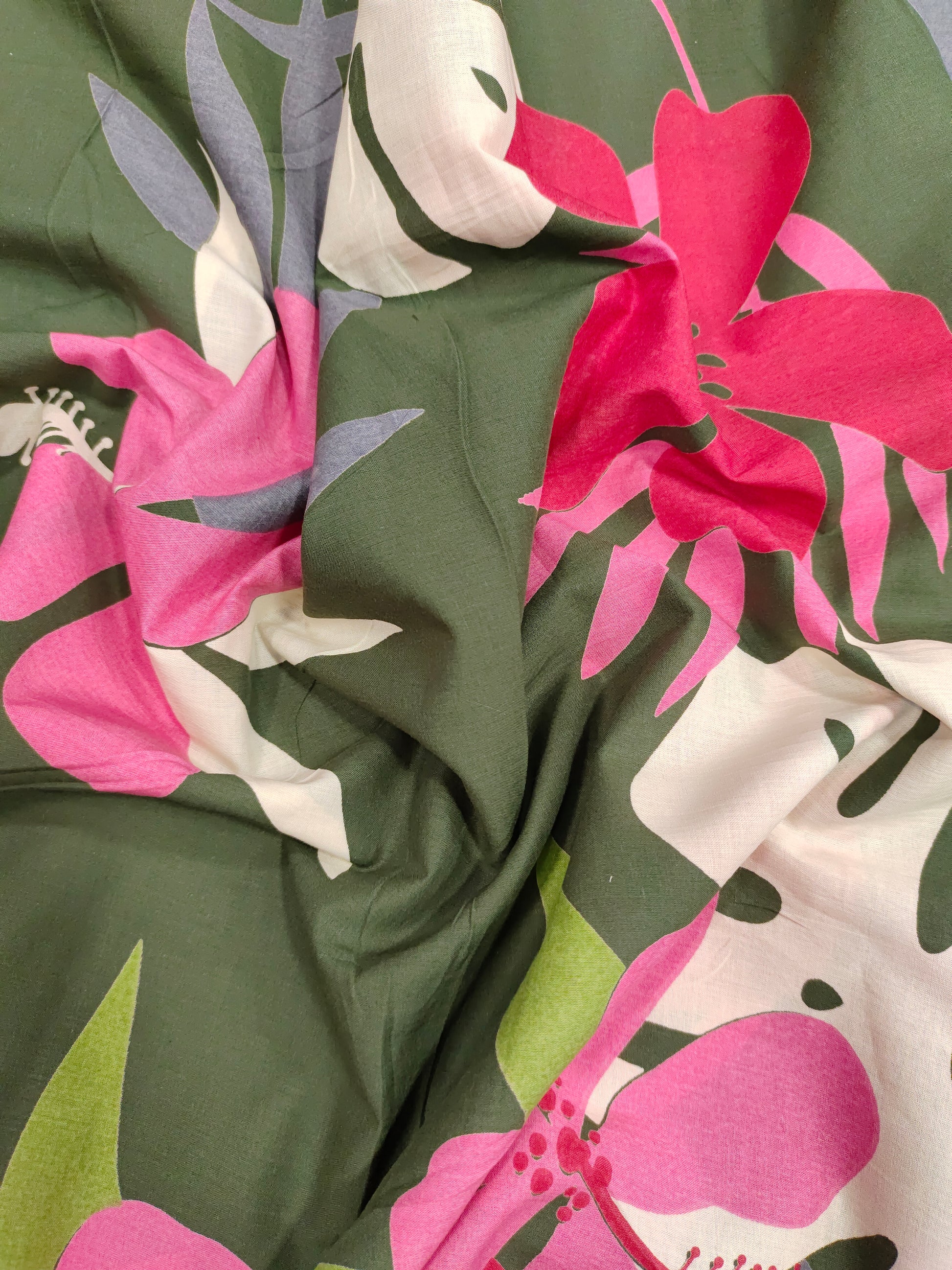 Cotton big floral print on olive green fabric