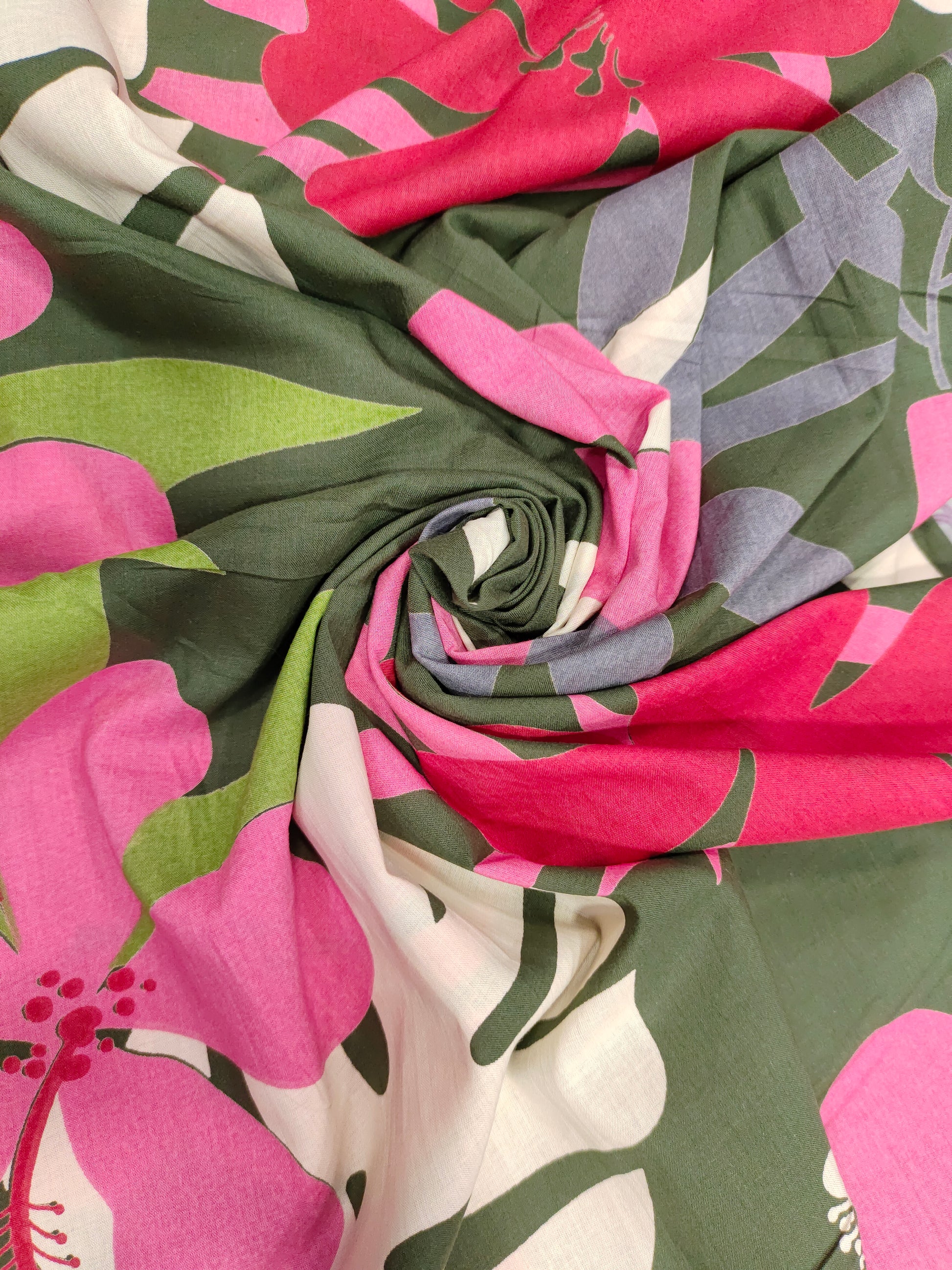 Cotton big floral print on olive green fabric