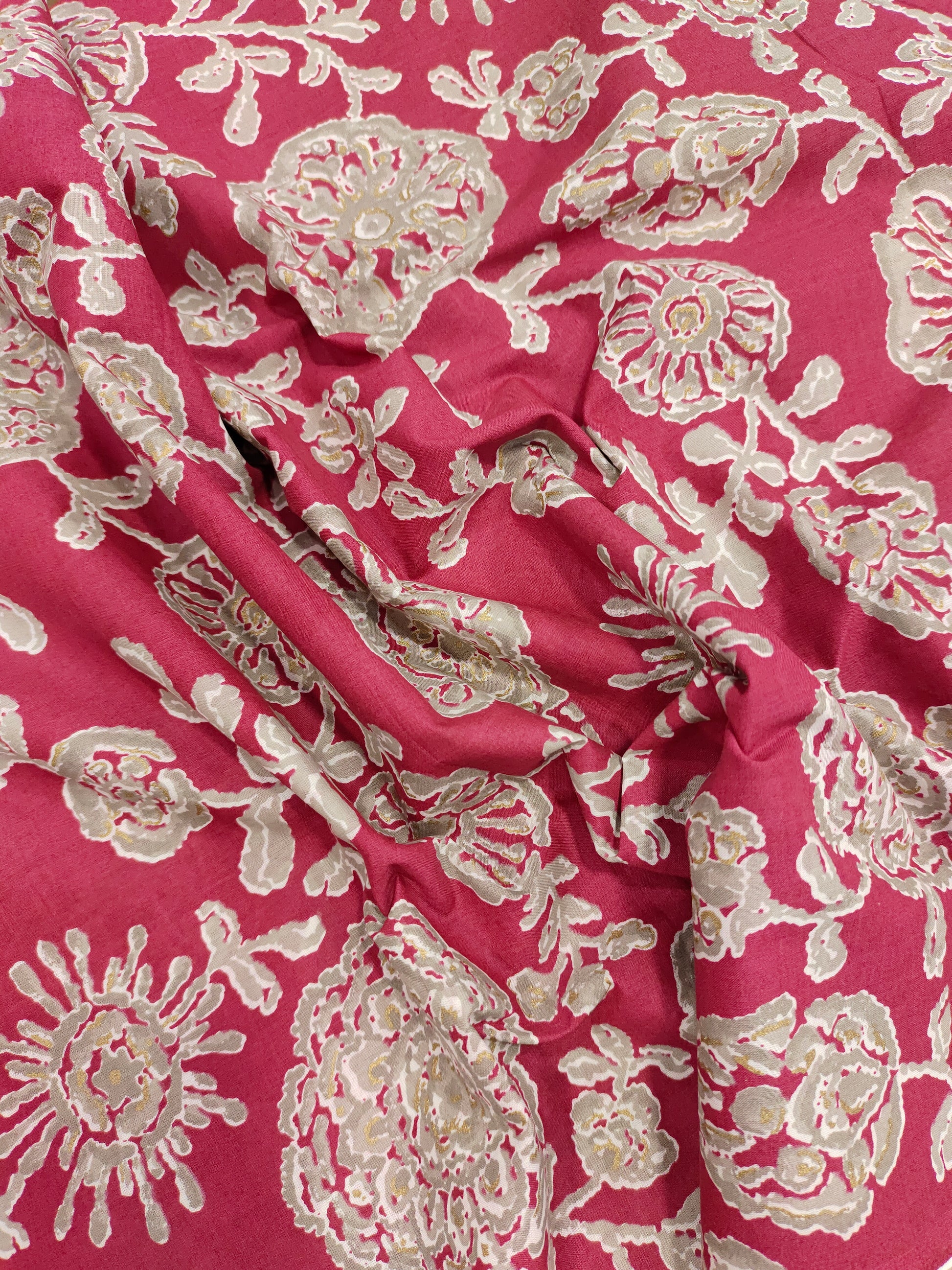 Cotton floral Screen Print on pink fabric with white