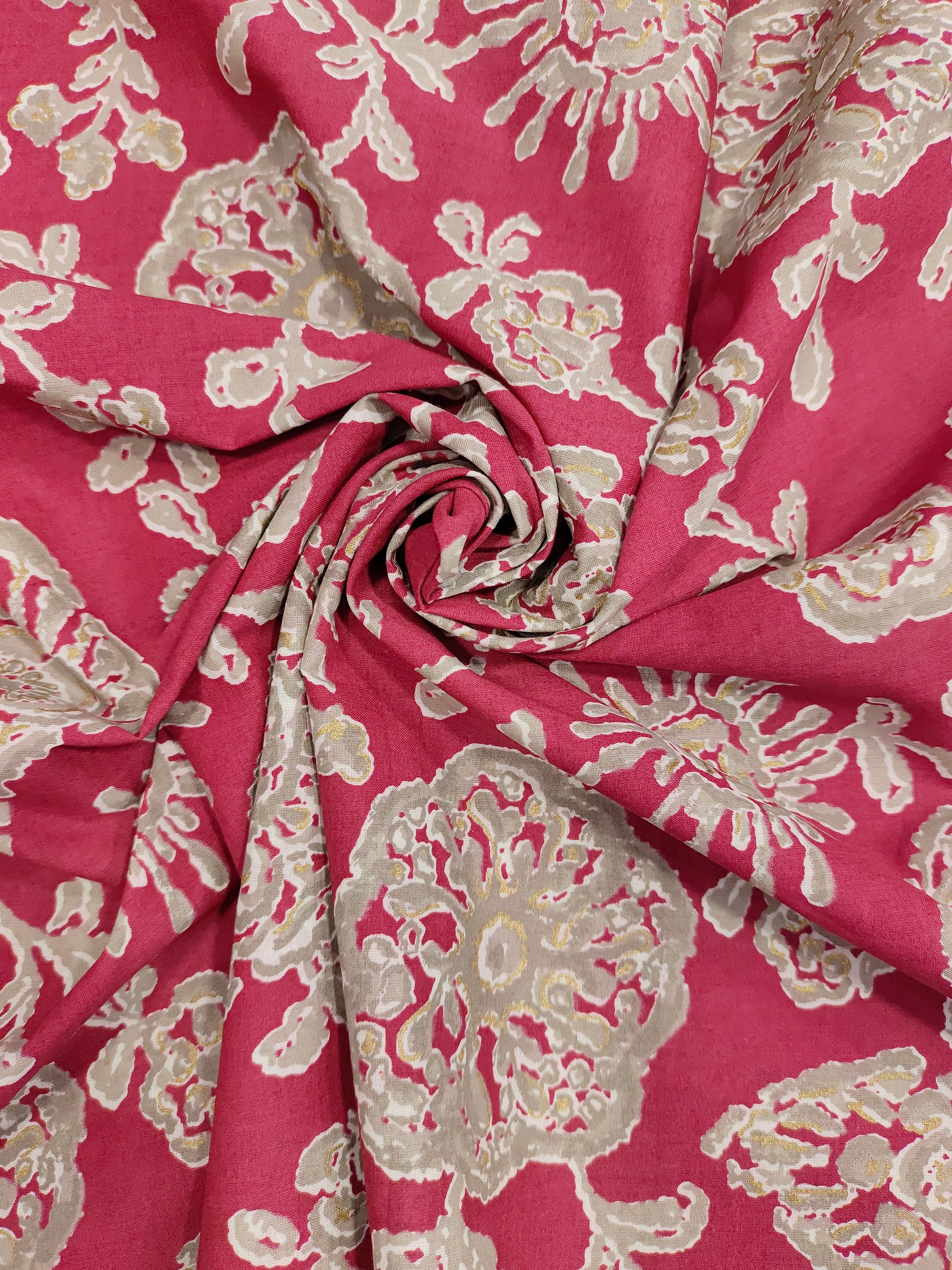 Cotton floral Screen Print on pink fabric with white