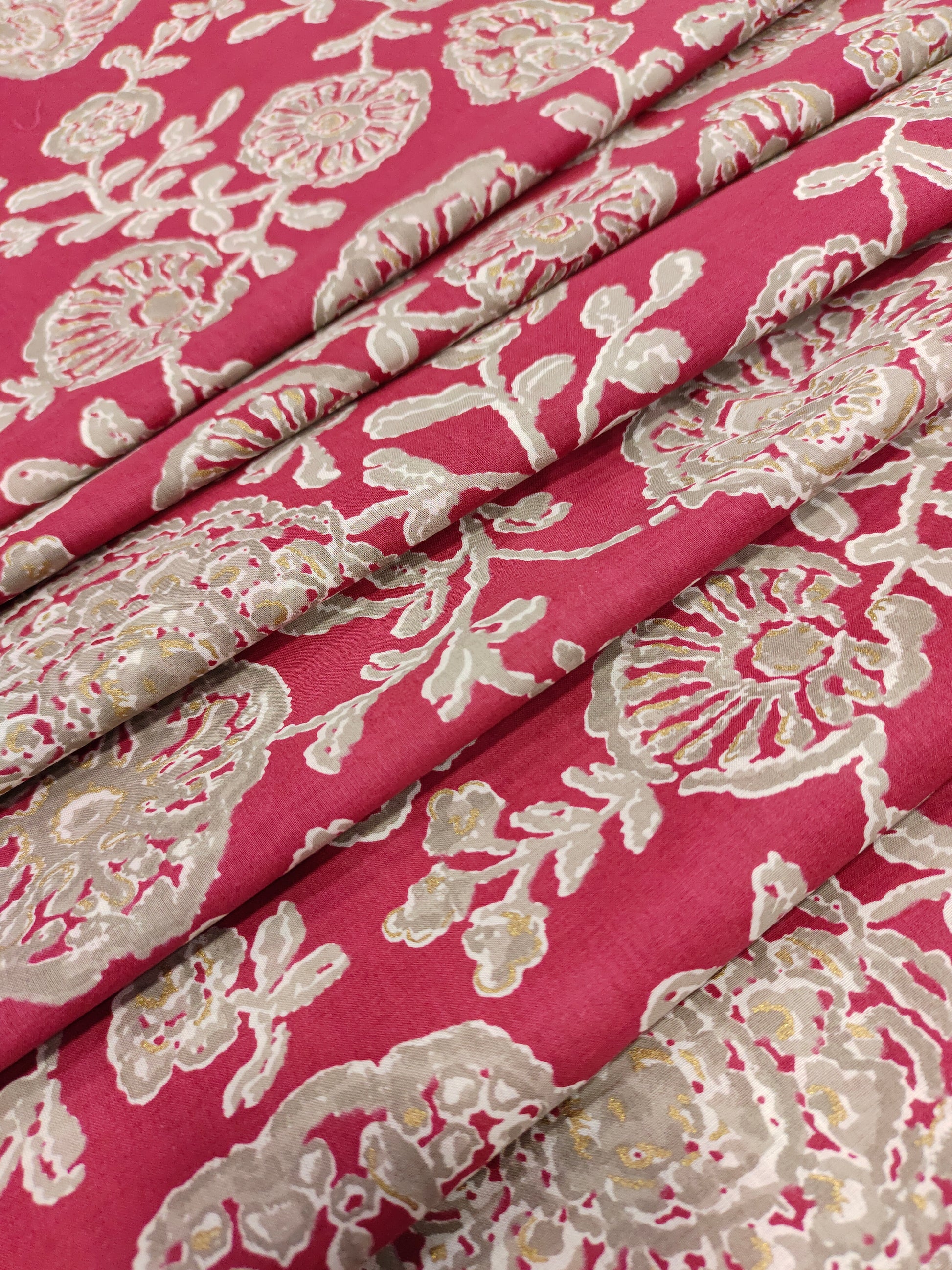 Cotton floral Screen Print on pink fabric with white