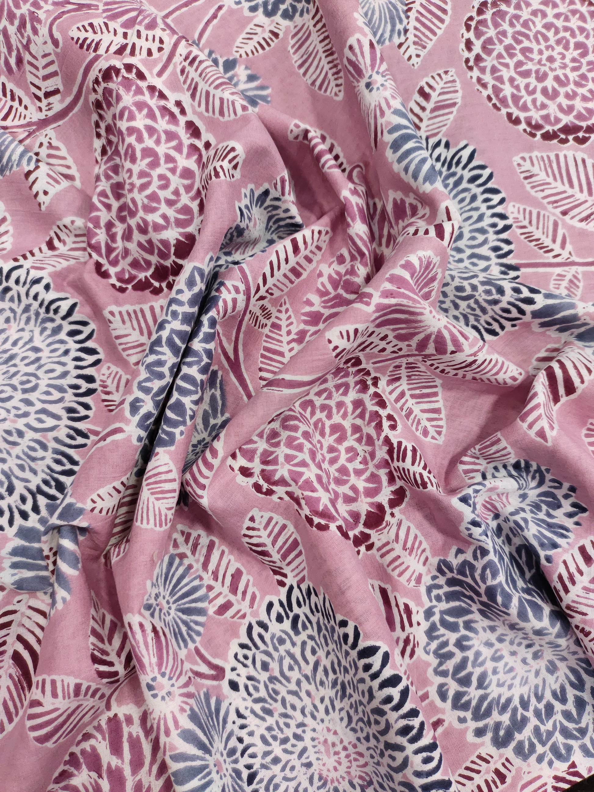 Cotton Screen Print with white and grey on pink fabric