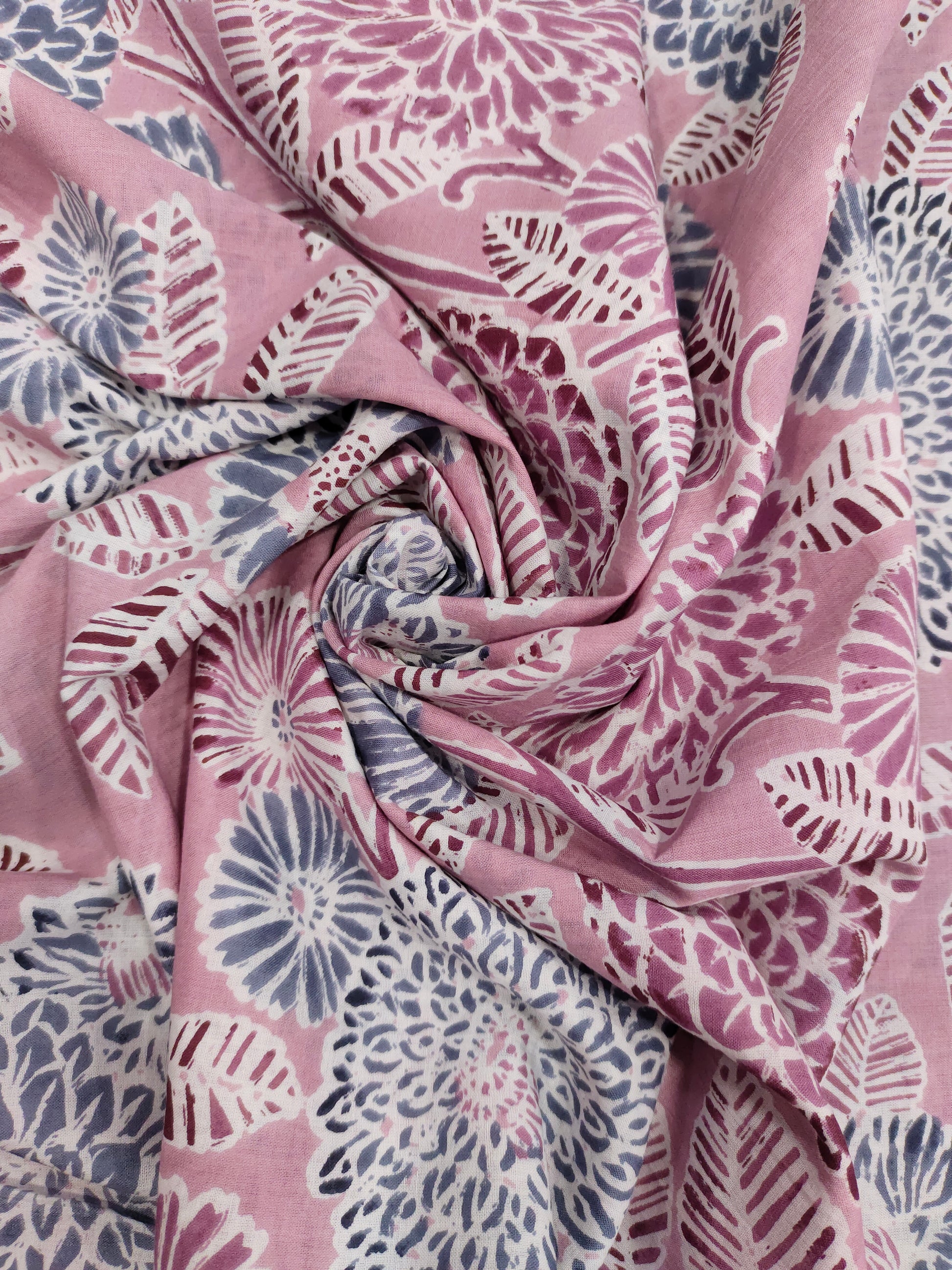 Cotton Screen Print with white and grey on pink fabric