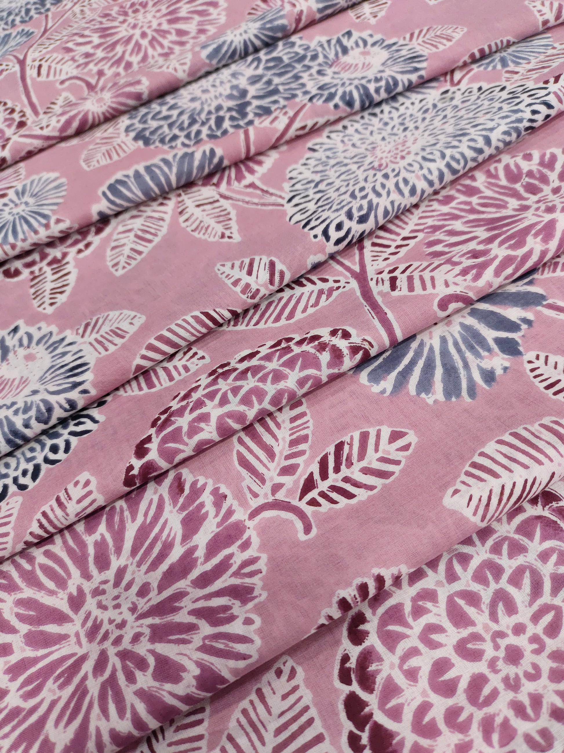 Cotton Screen Print with white and grey on pink fabric