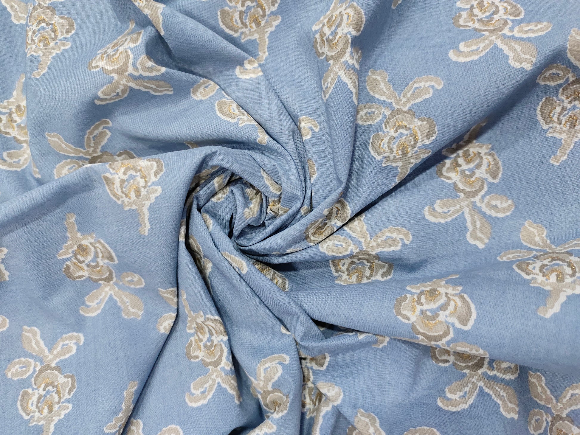 Cotton screen print fabric with white and beige