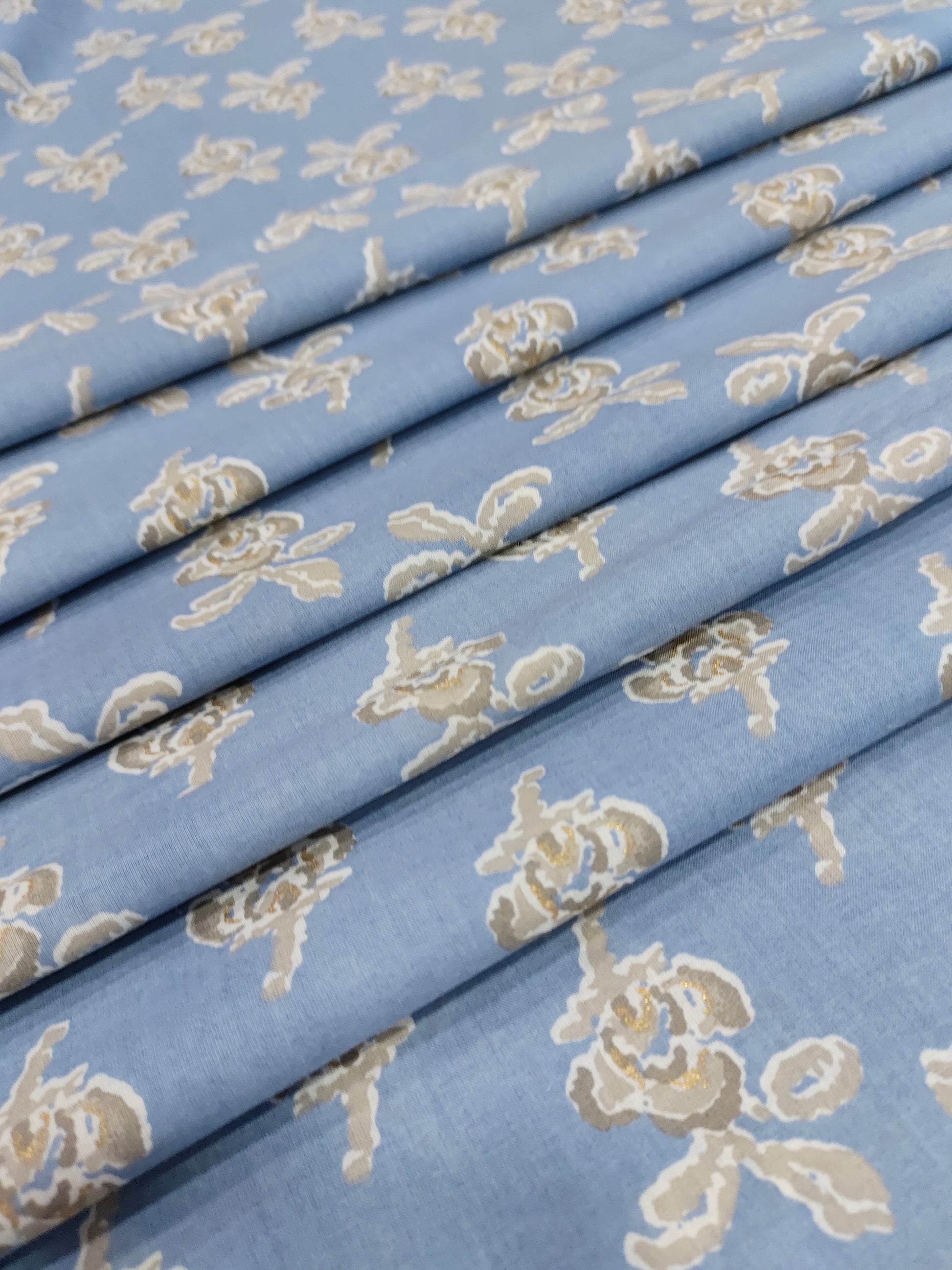 Cotton screen print fabric with white and beige