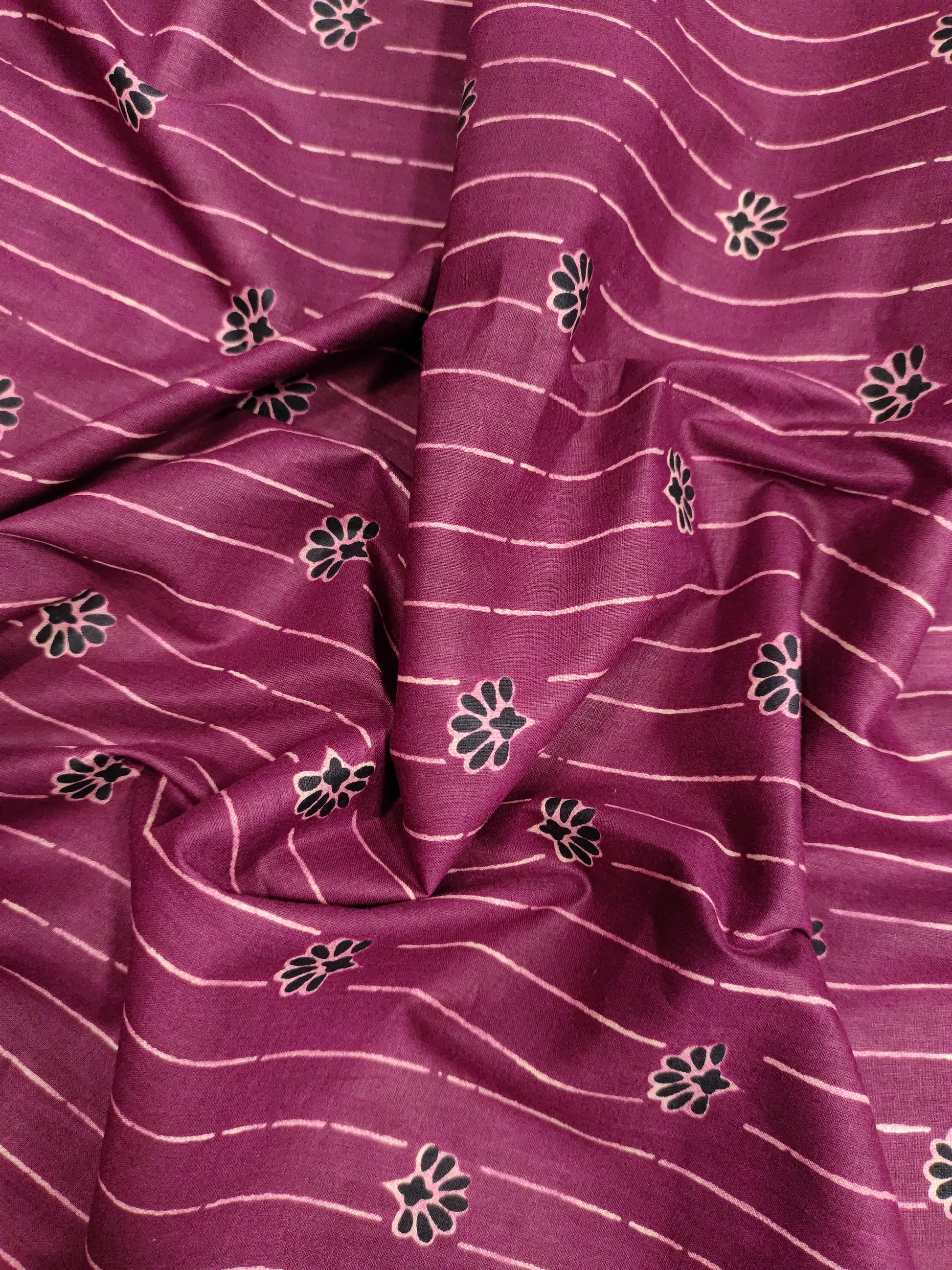 Wine cotton screen print fabric with stripes and flowers
