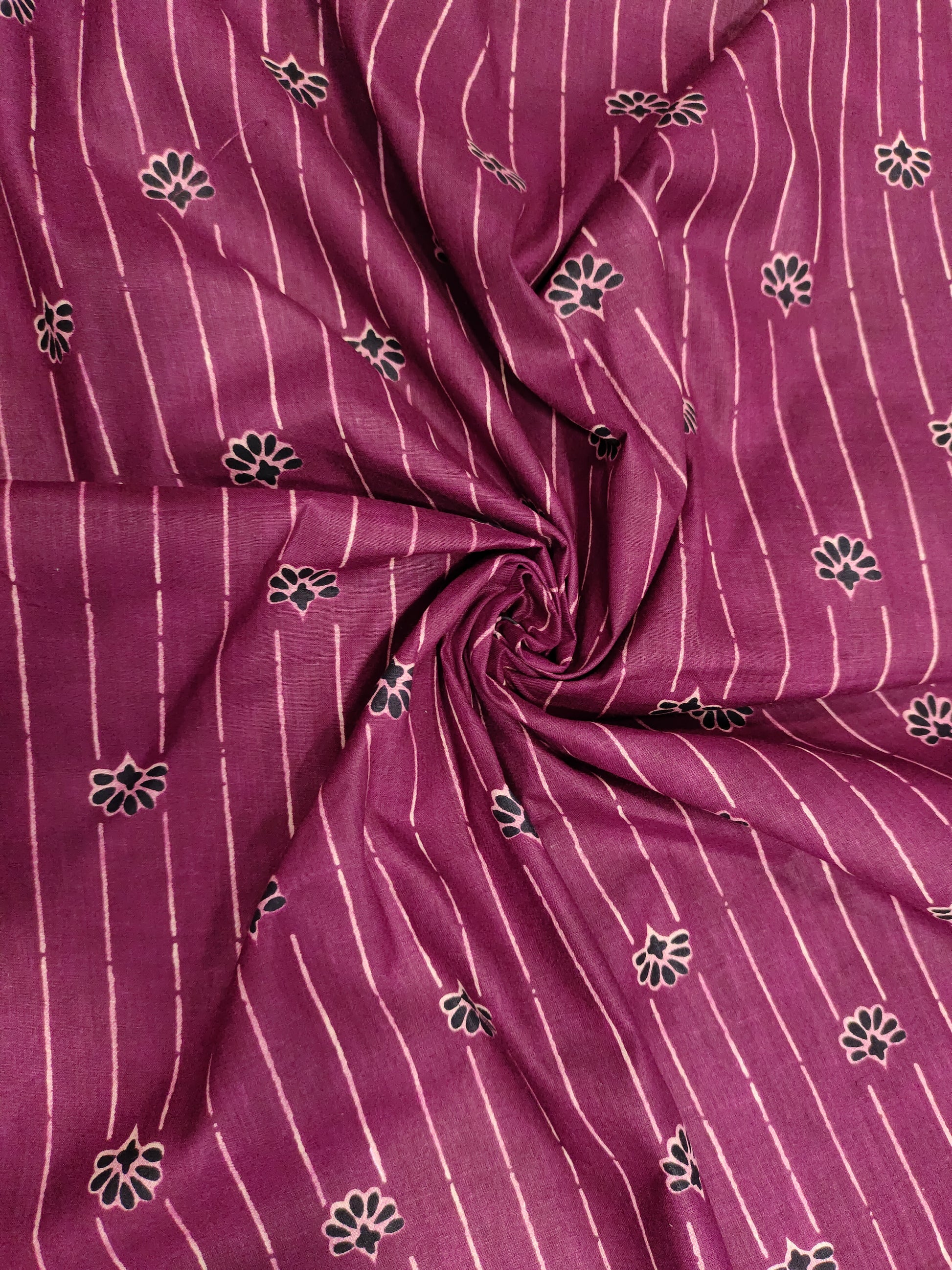 Wine cotton screen print fabric with stripes and flowers