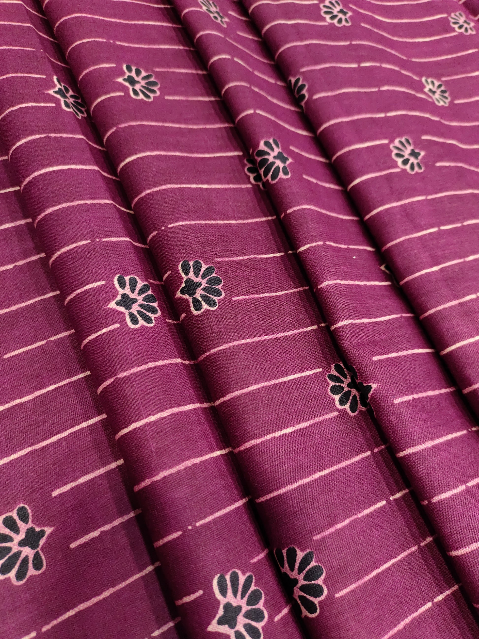 Wine cotton screen print fabric with stripes and flowers
