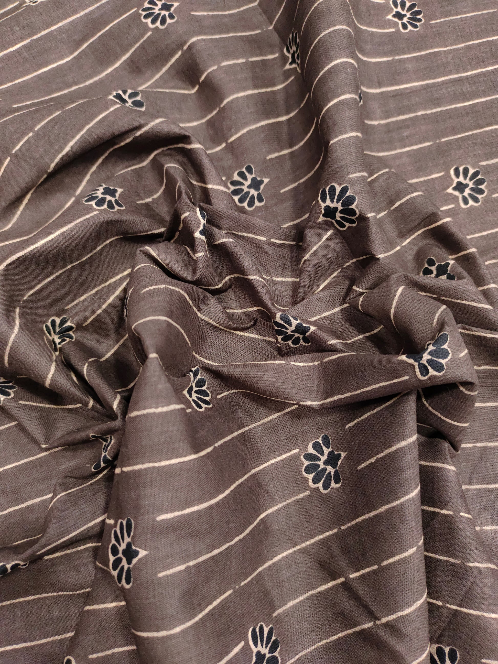 Coffee base with beige stripes & black motifs cotton screen print