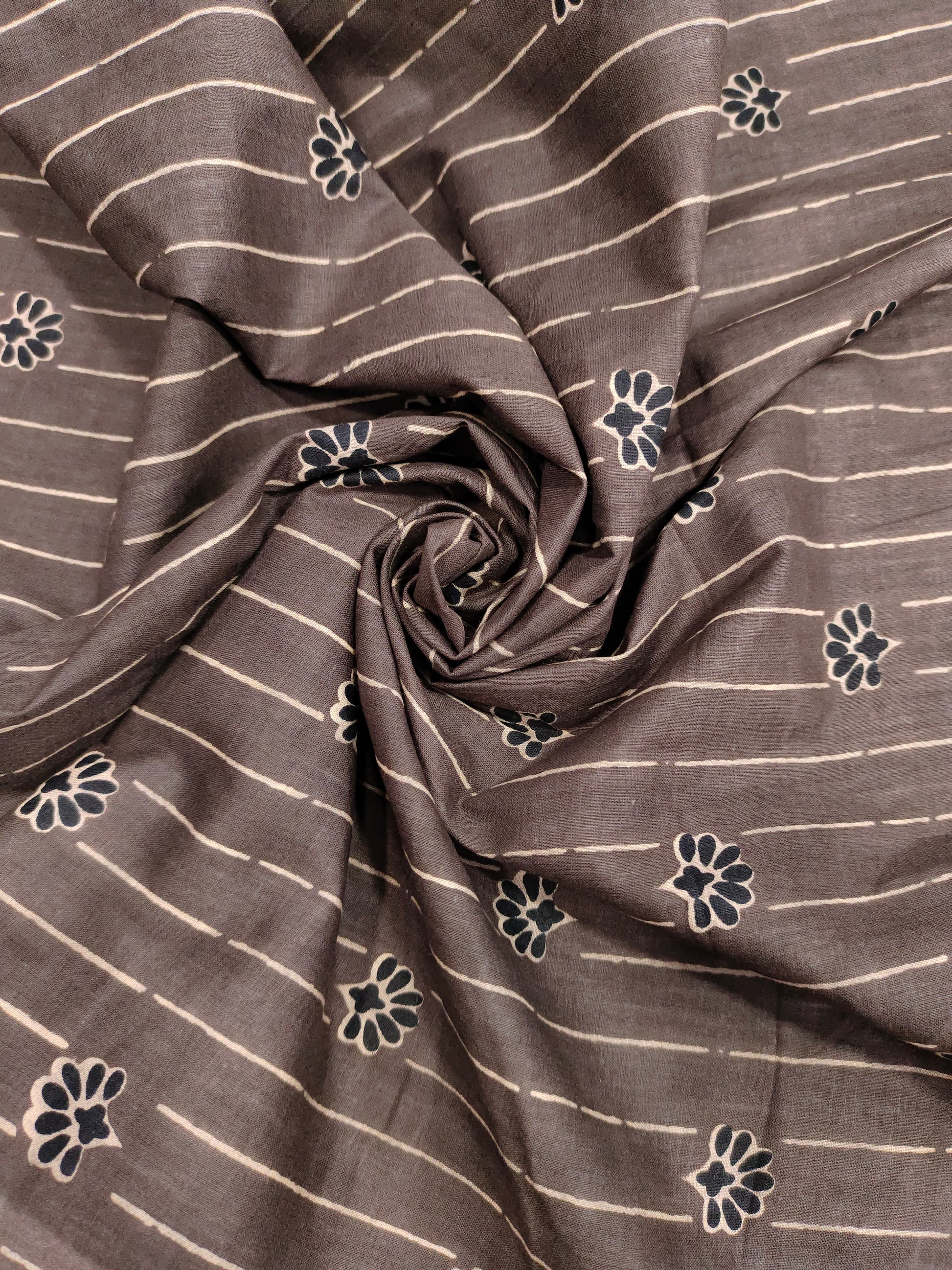 Coffee base with beige stripes & black motifs cotton screen print