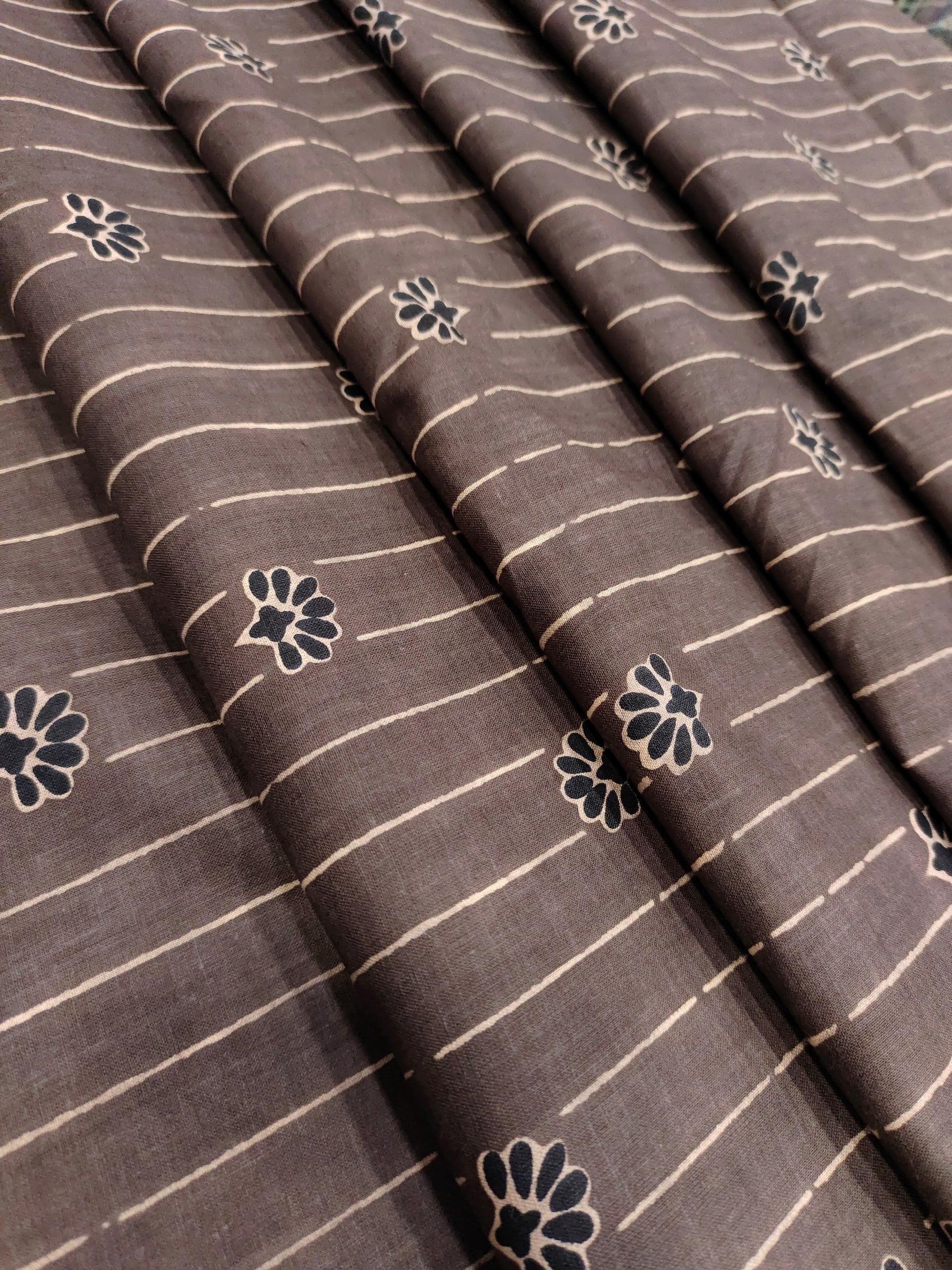 Coffee base with beige stripes & black motifs cotton screen print