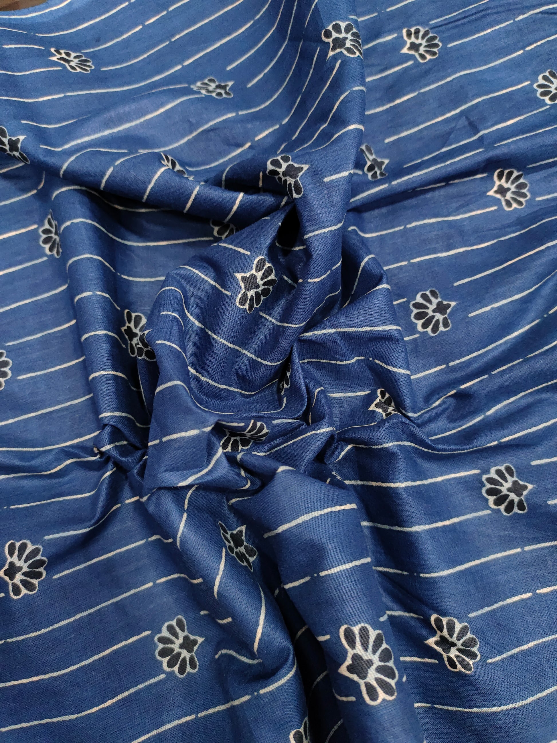 Dark blue cotton screen print fabric with stripes and flowers