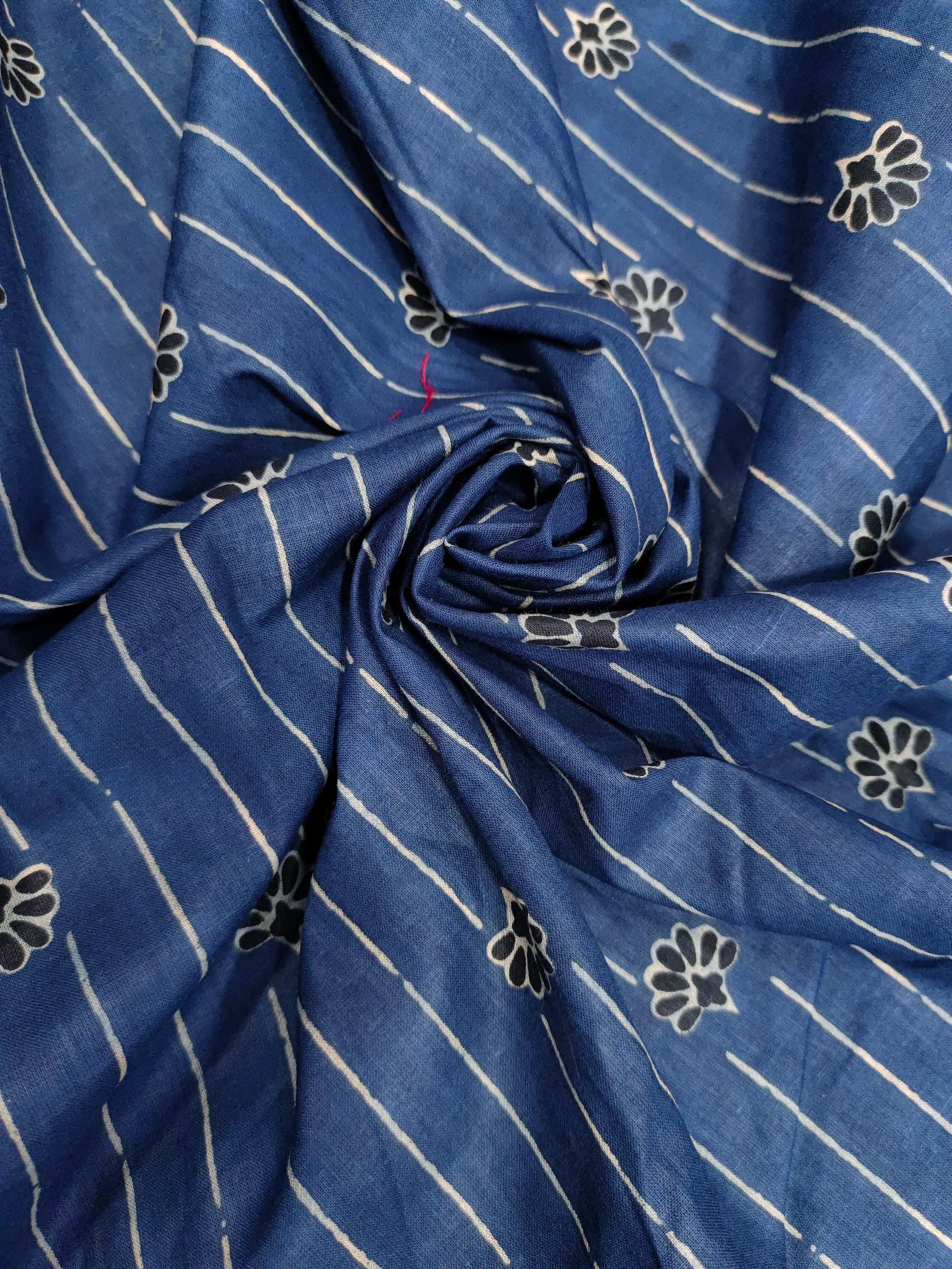 Dark blue cotton screen print fabric with stripes and flowers
