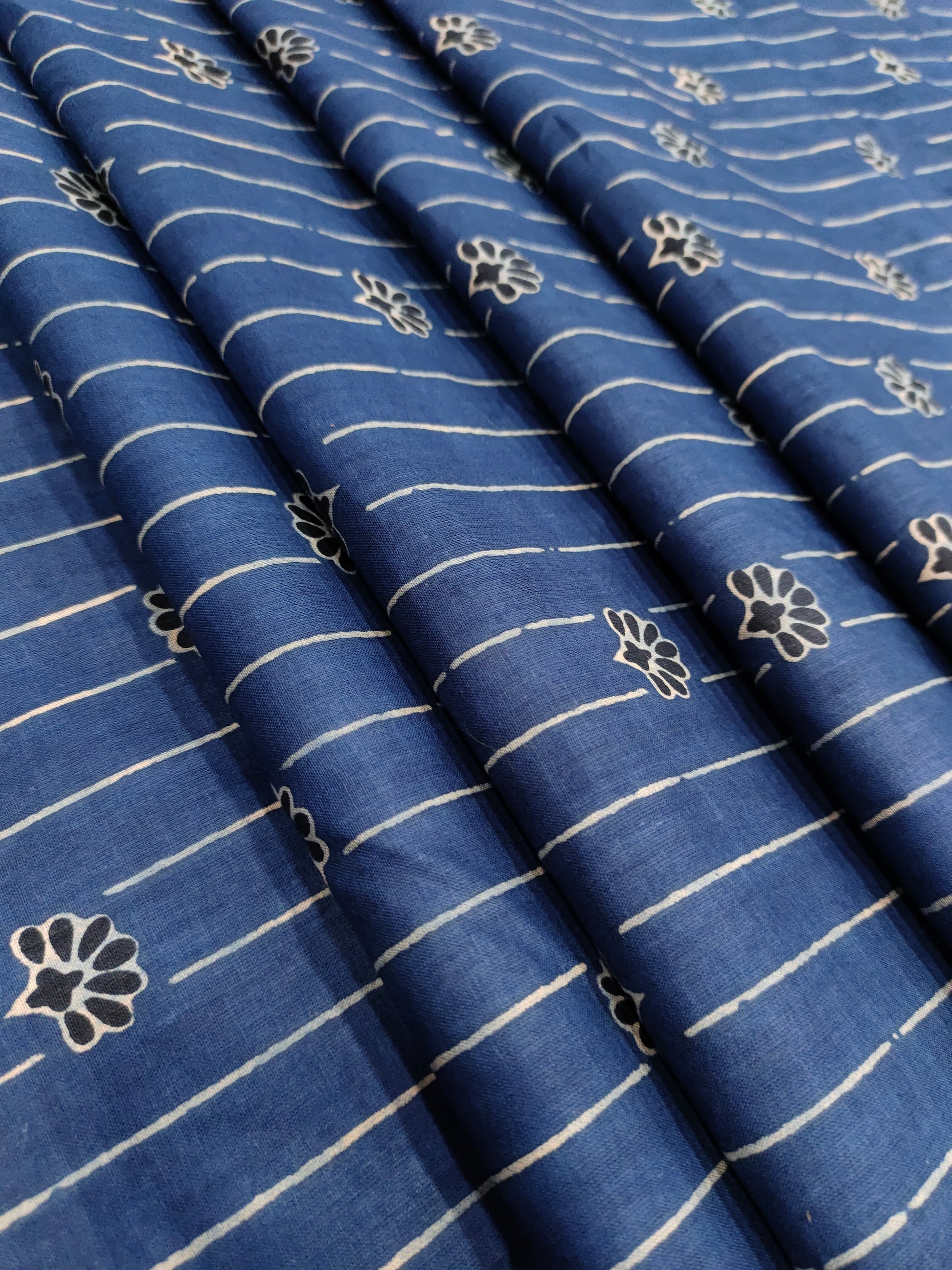 Dark blue cotton screen print fabric with stripes and flowers