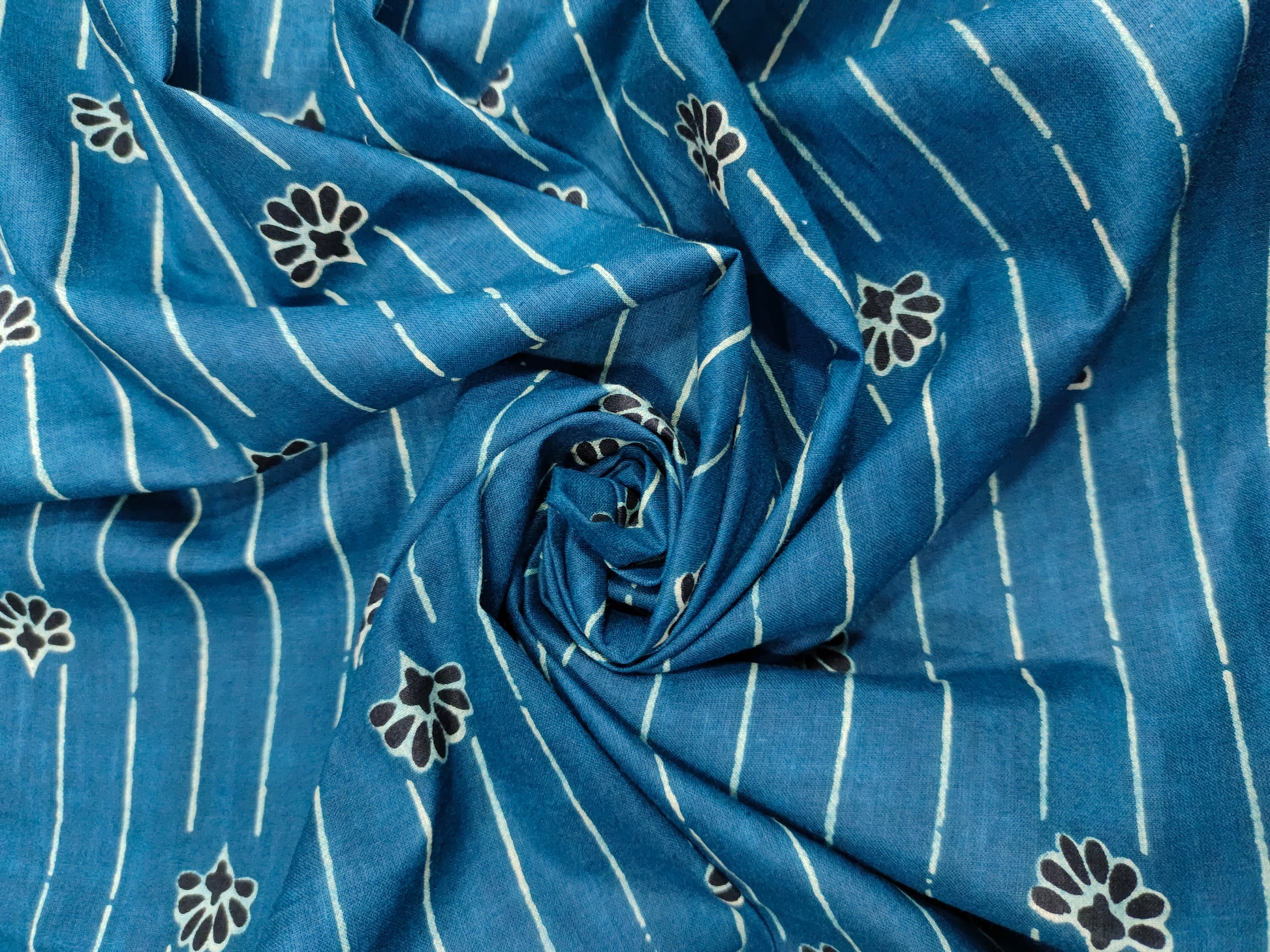 Peacock blue cotton screen print fabric with stripes and flowers