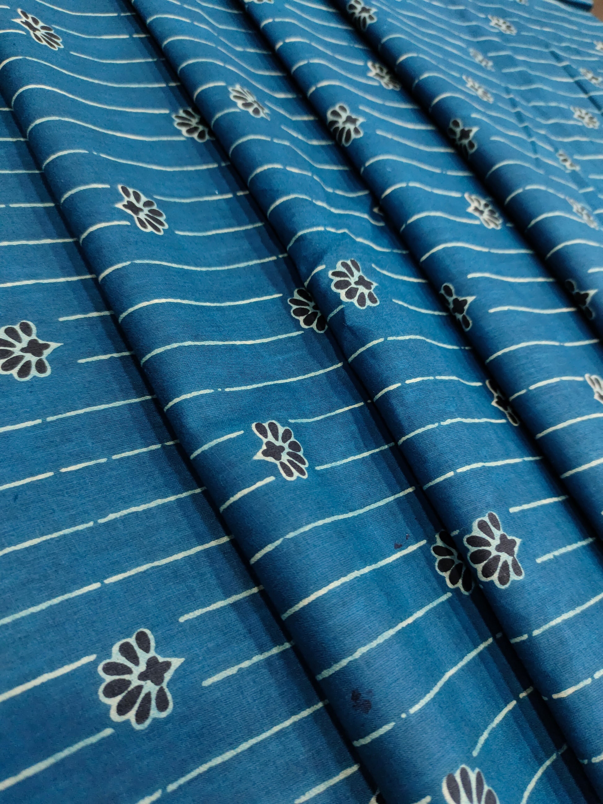 Peacock blue cotton screen print fabric with stripes and flowers