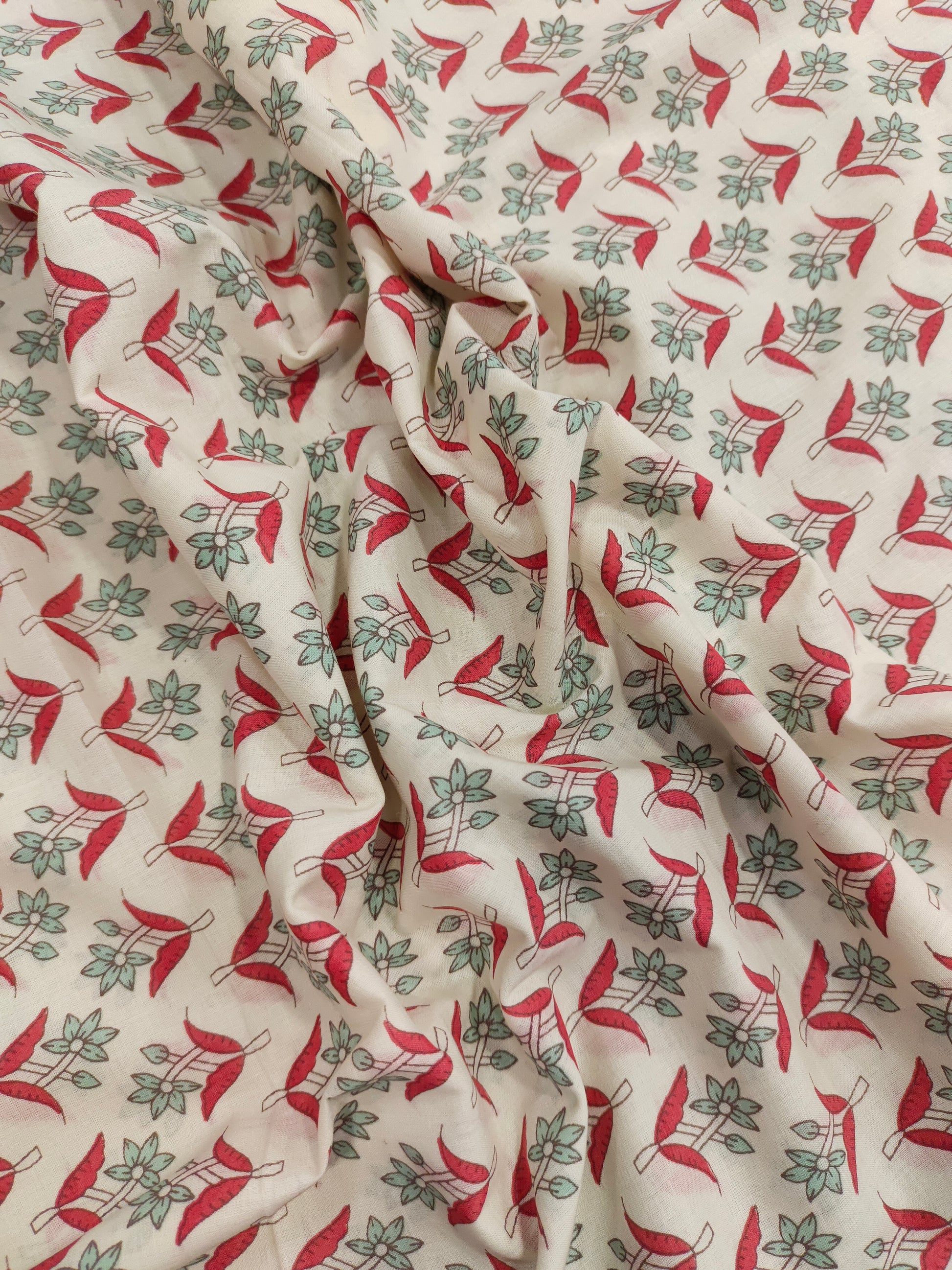 Cotton print with light green and tomato color