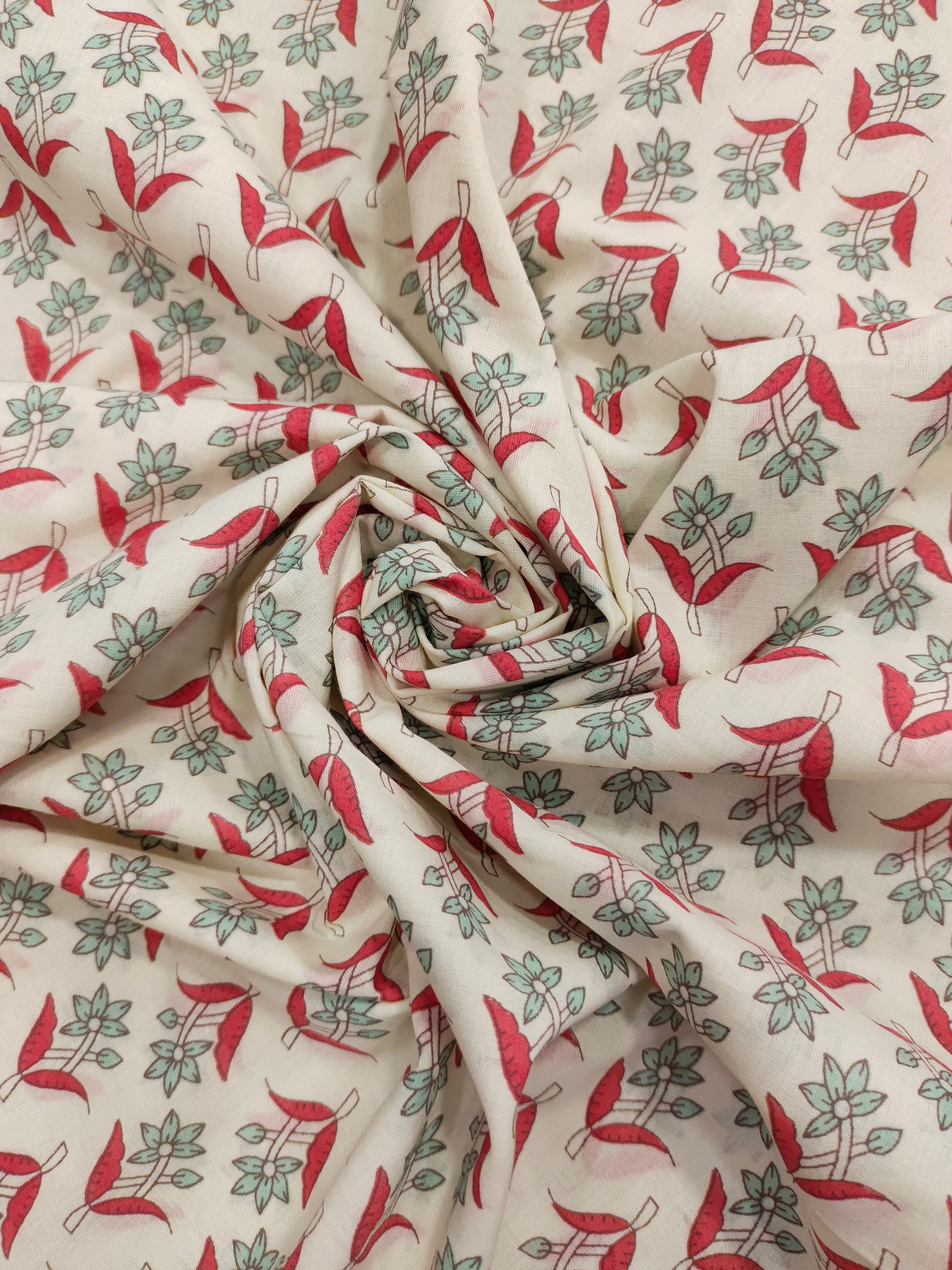 Cotton print with light green and tomato color