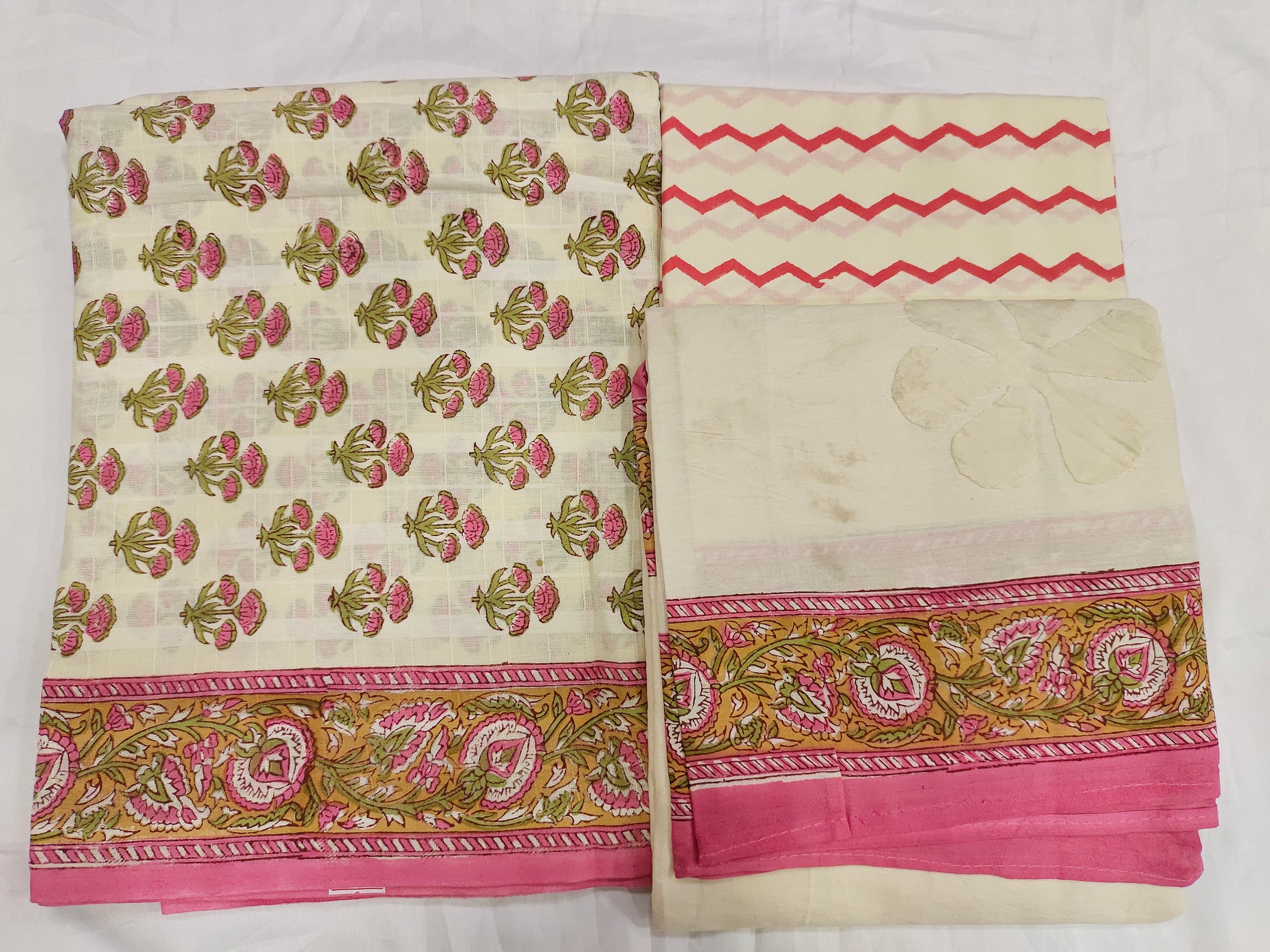 Cotton checks with handblock pink print and patchwork dupatta