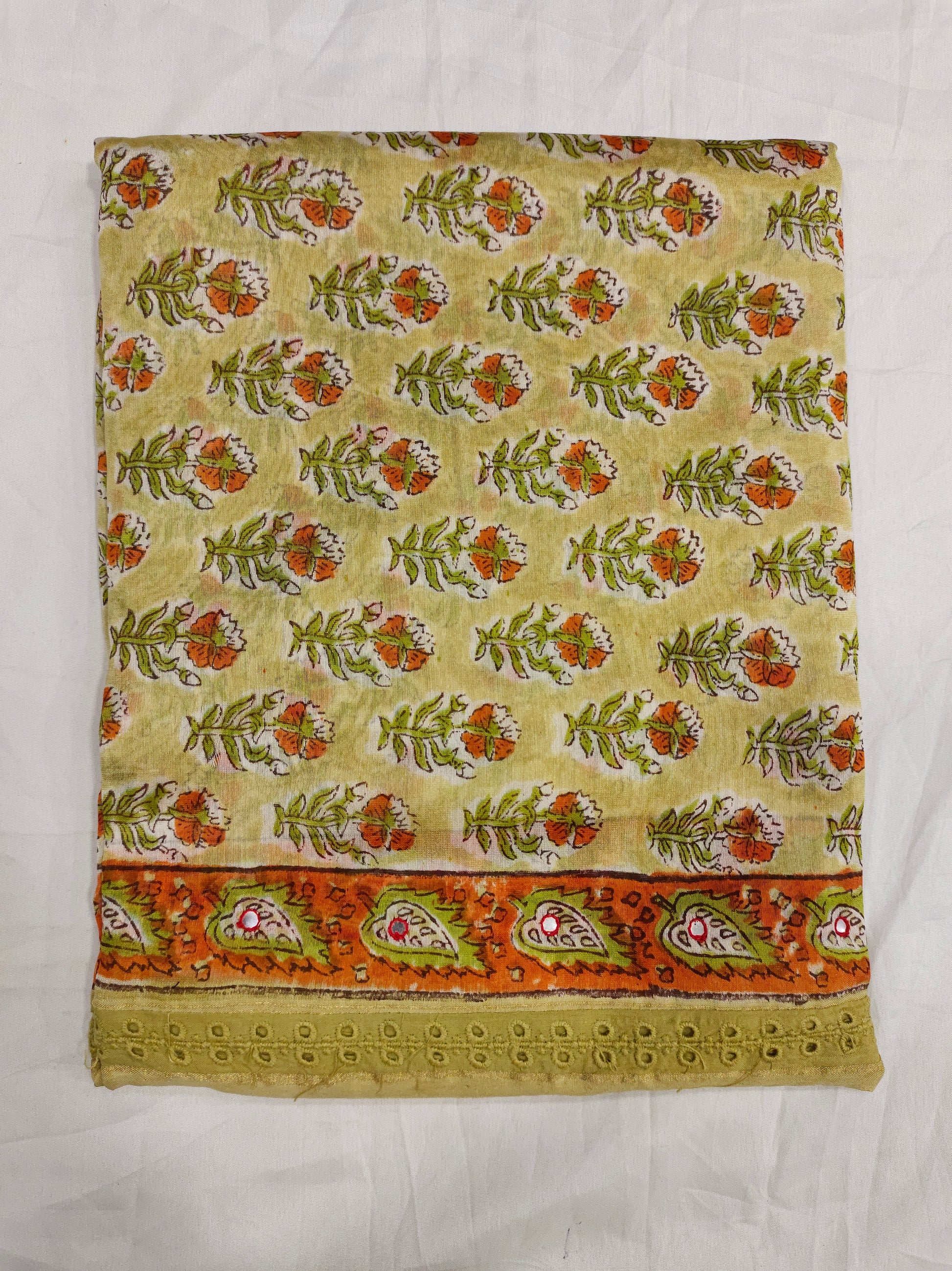 Beige chanderi silk with red and green hand block print and chanderi silk dupatta