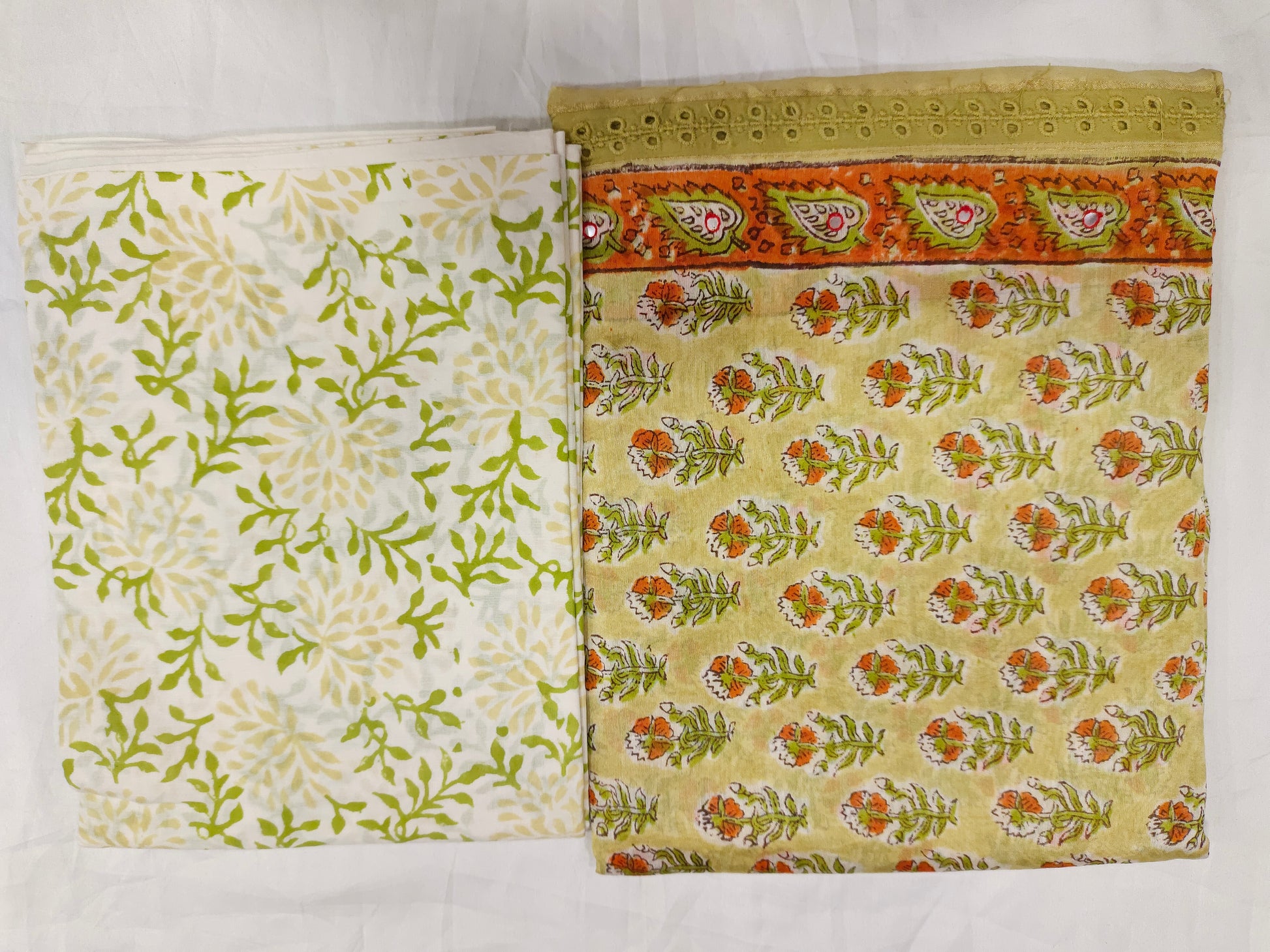 Beige chanderi silk with red and green hand block print and chanderi silk dupatta