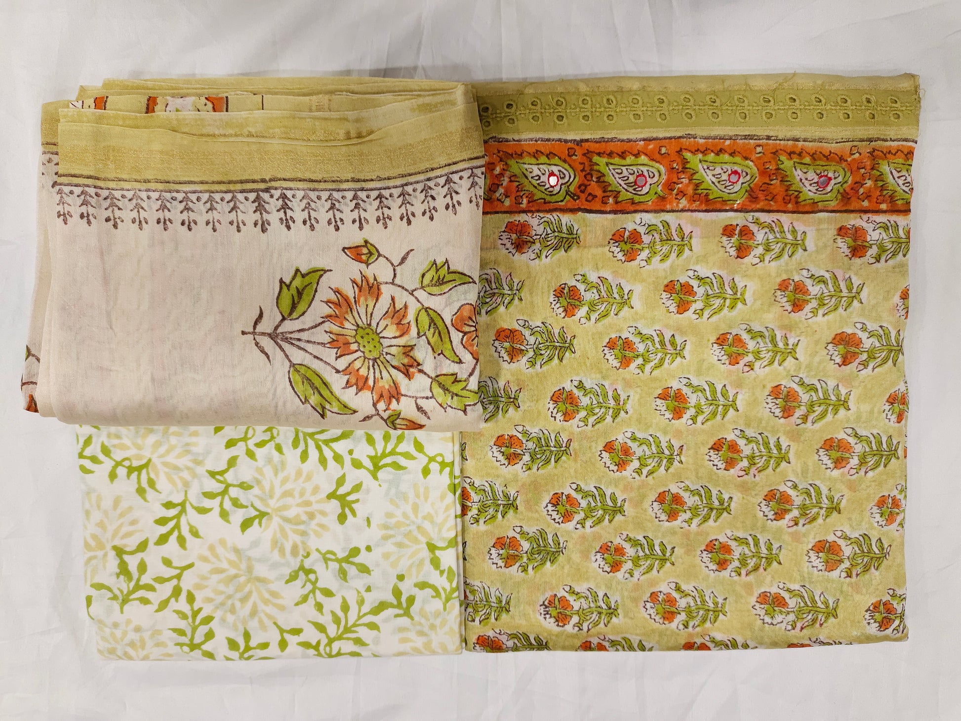 Beige chanderi silk with red and green hand block print and chanderi silk dupatta