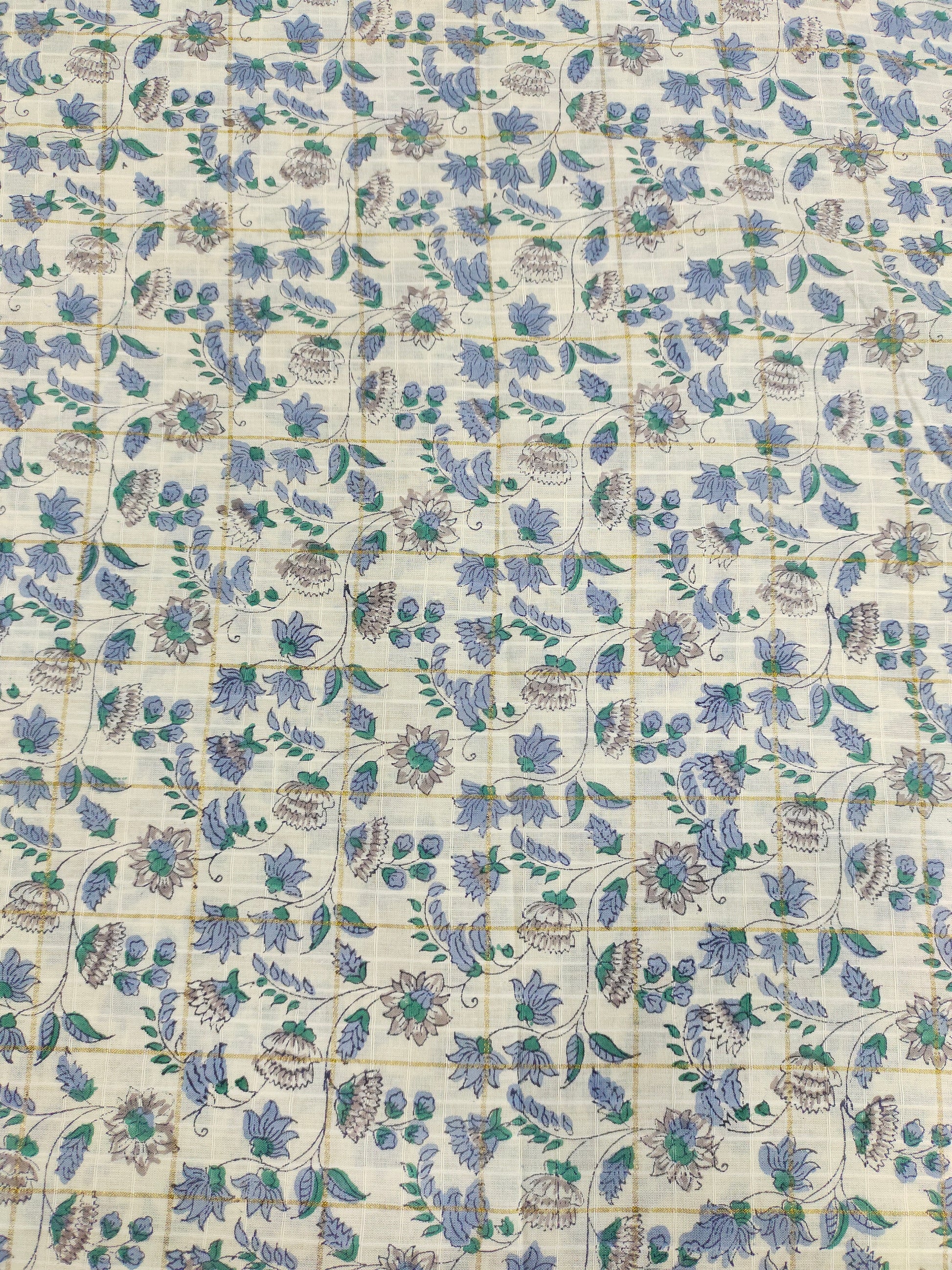 Cotton handblock print in blue and grey wiyh gold checks