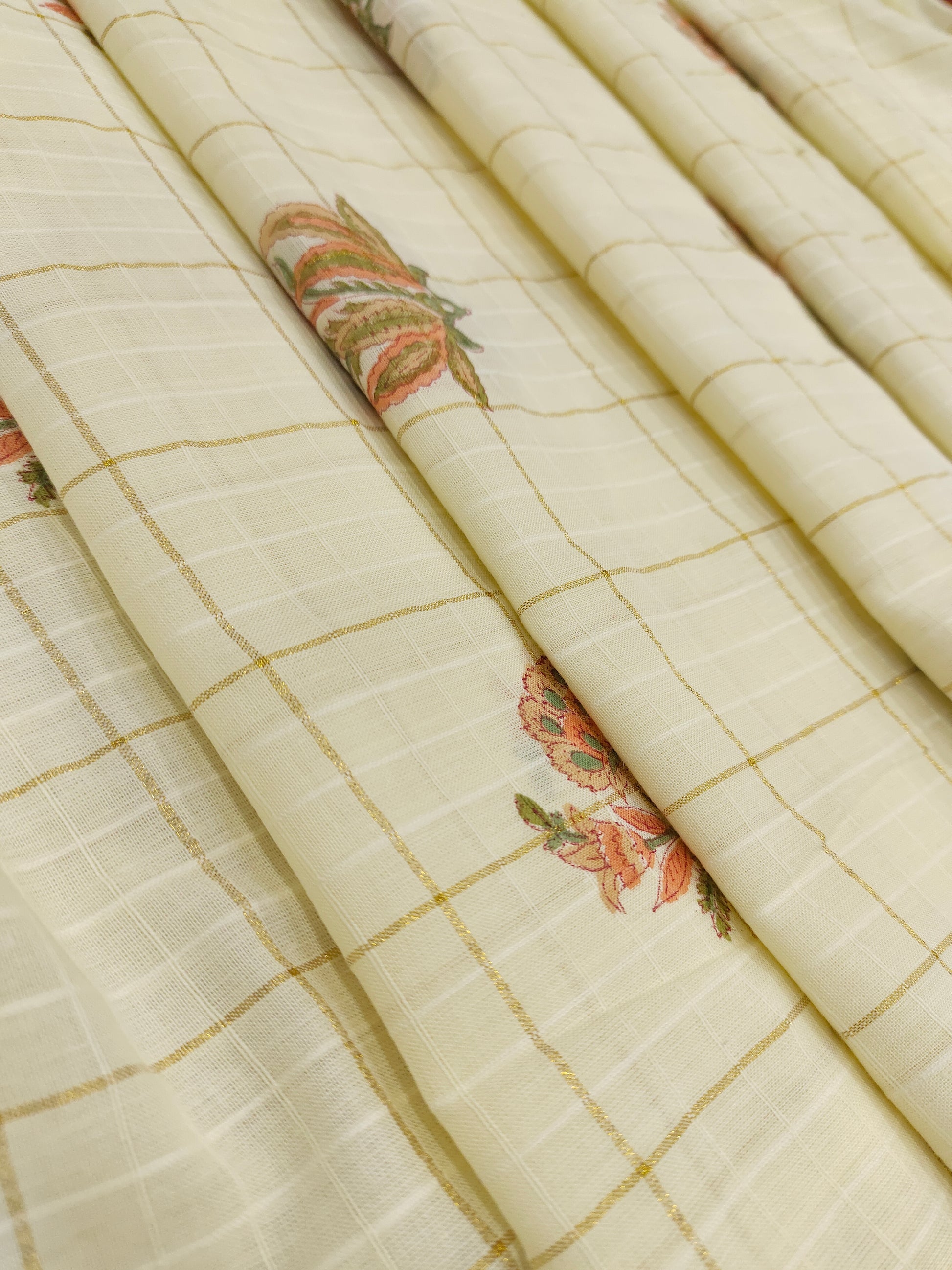 Cooton hand block print with orange butta and gold checks