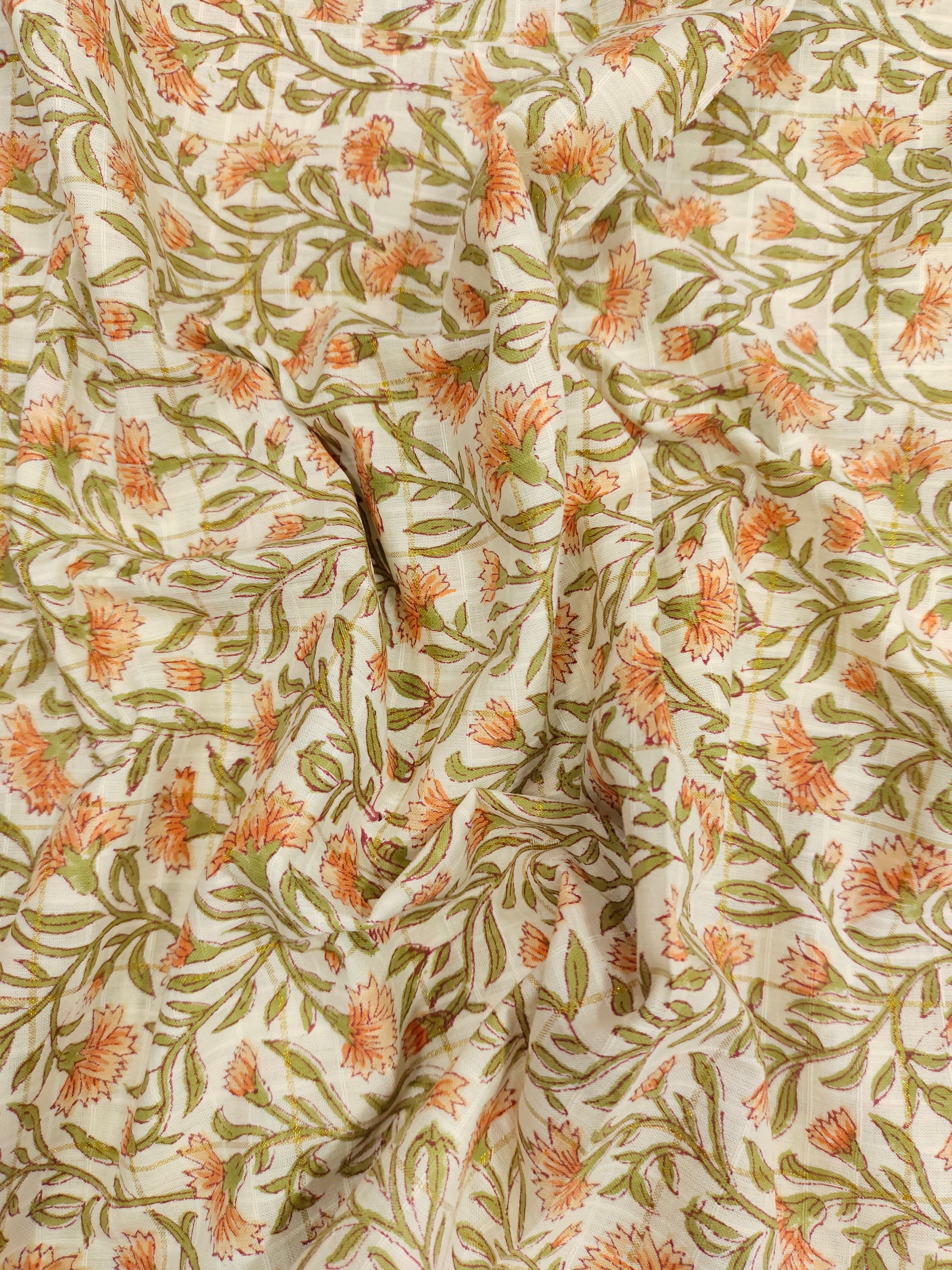 Cotton hand bolock printed orang floral and gold checks