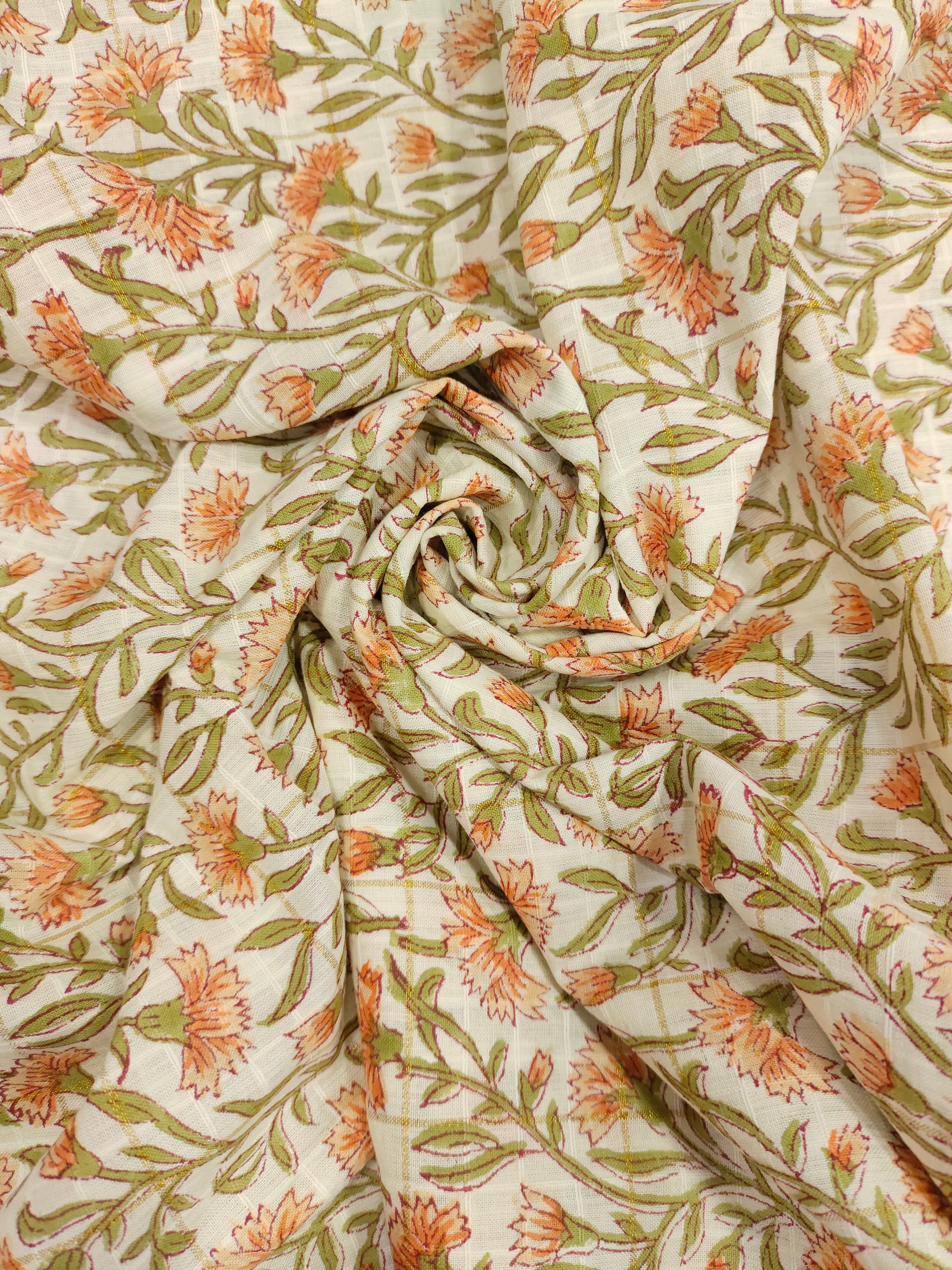 Cotton hand bolock printed orang floral and gold checks