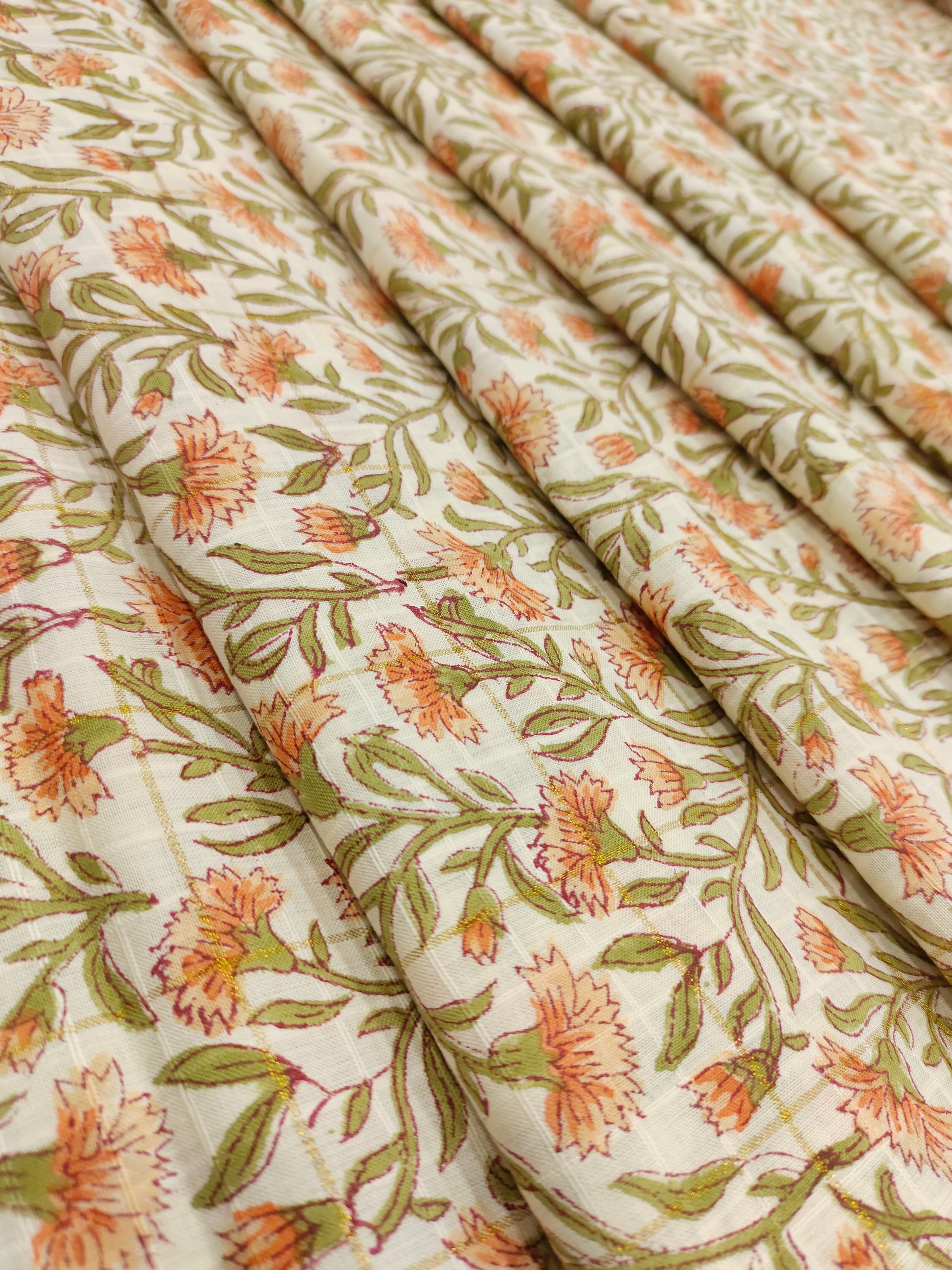 Cotton hand bolock printed orang floral and gold checks