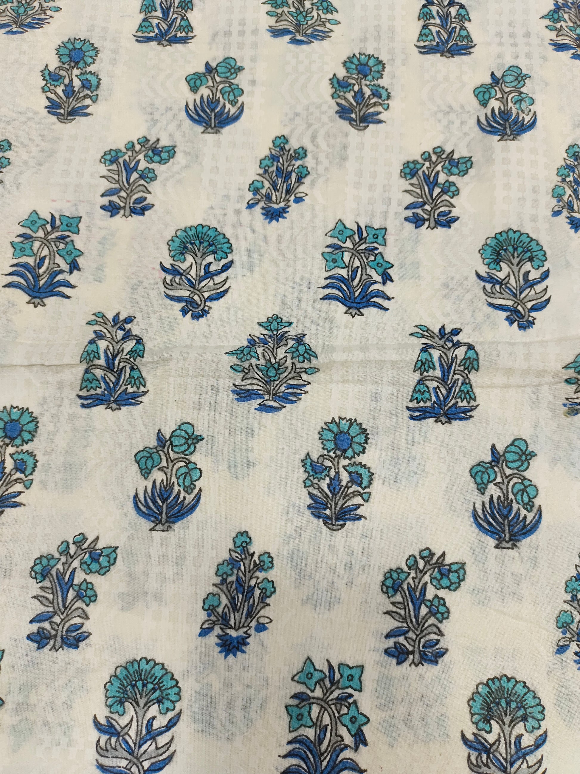 Cotton checks hand block print with blue and grey