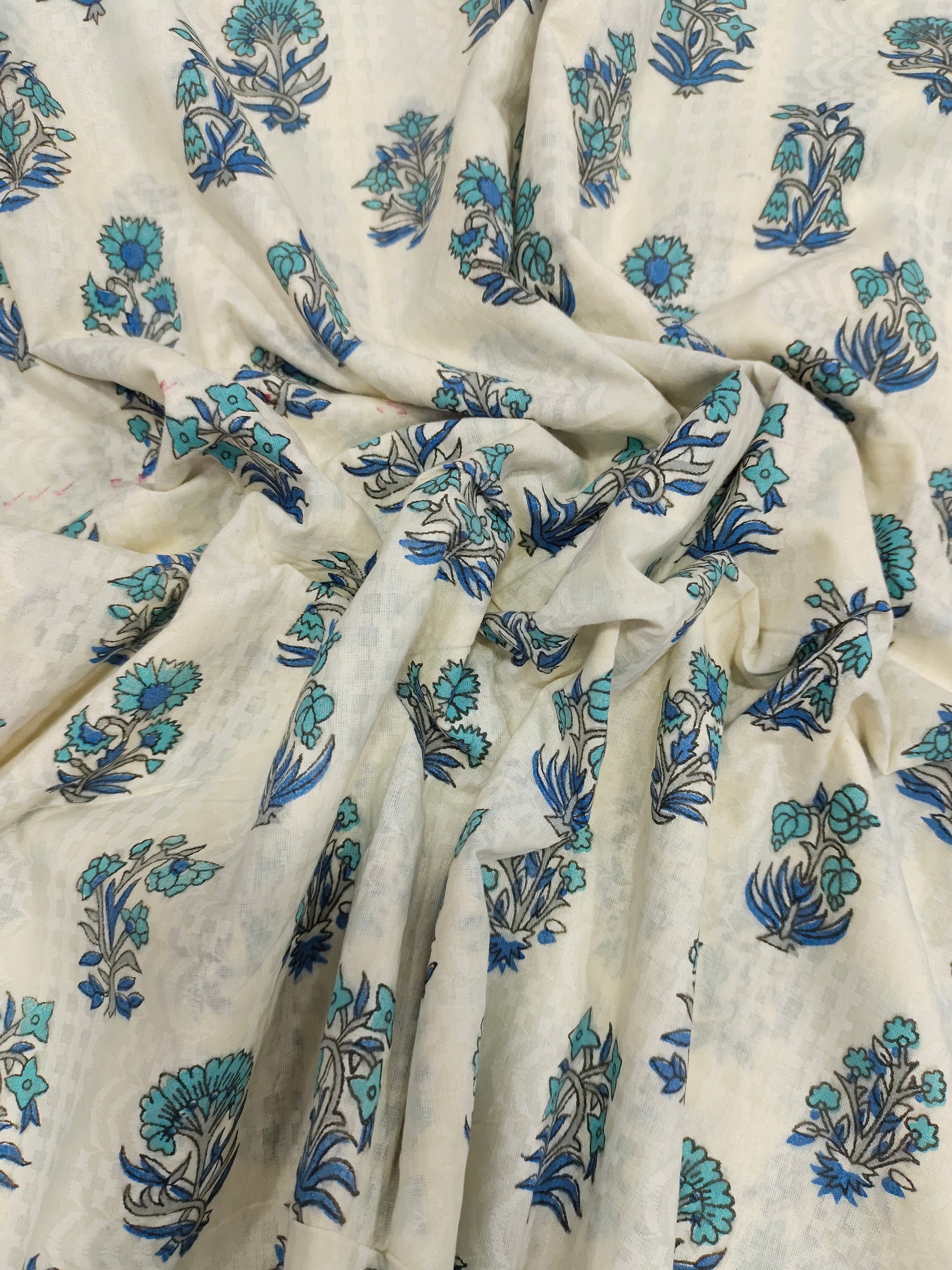 Cotton checks hand block print with blue and grey