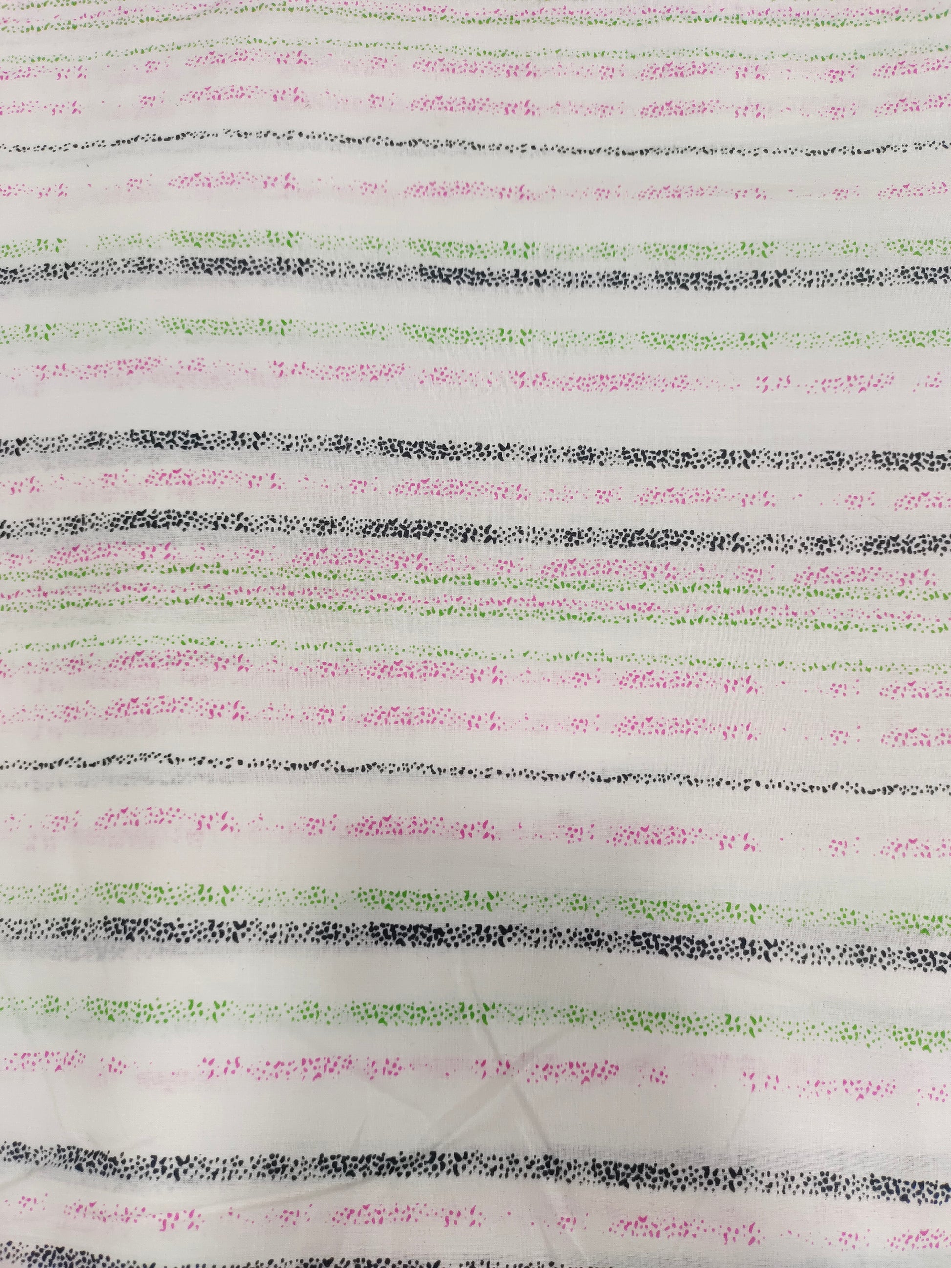 White cotton stripes with pink black green hand block print.
