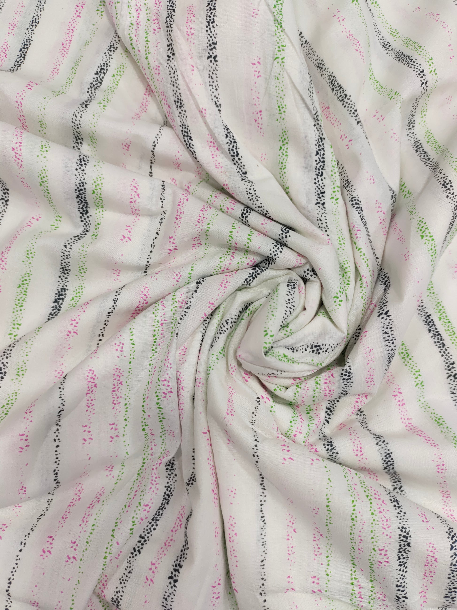 White cotton stripes with pink black green hand block print.