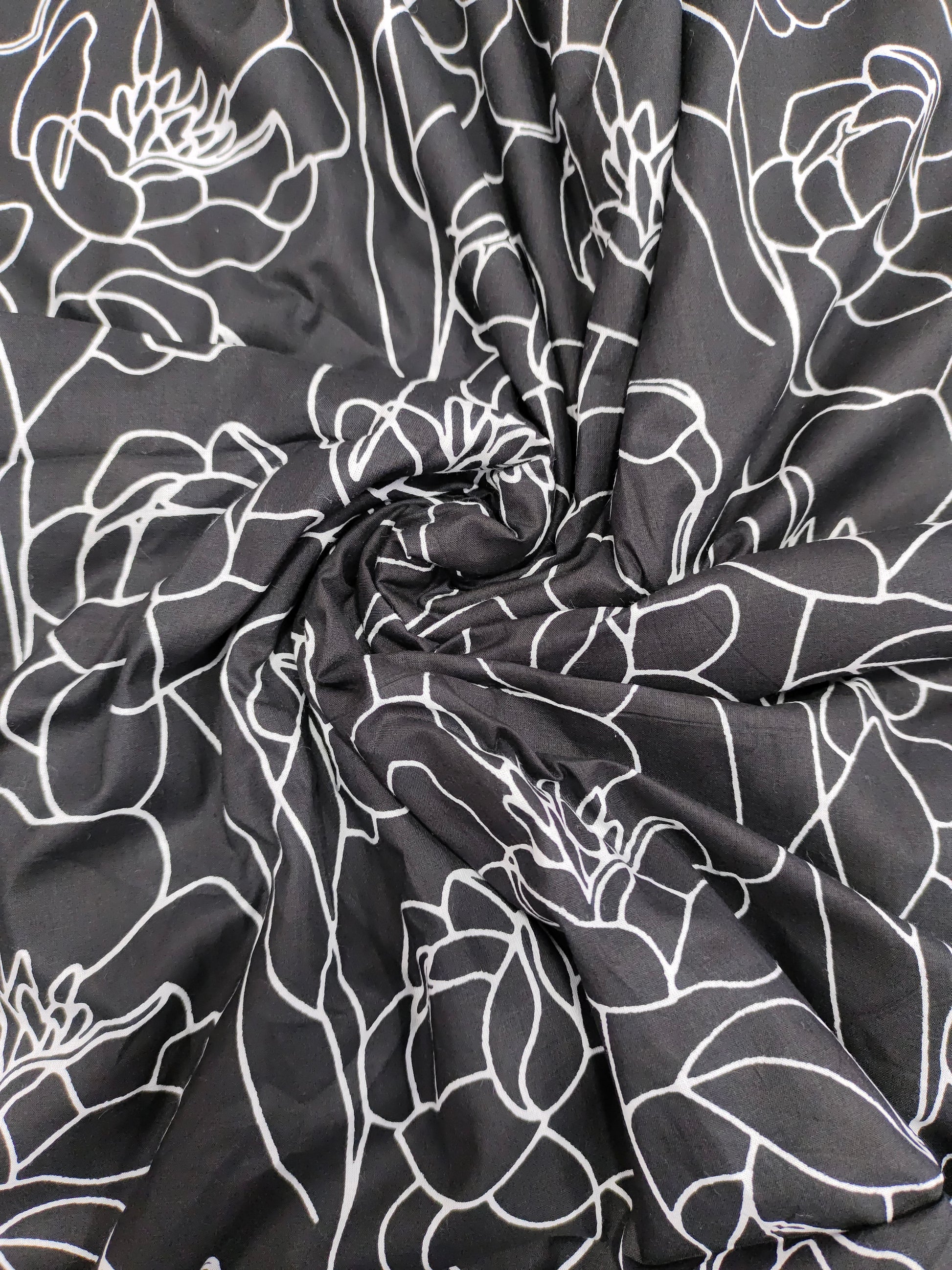 Black screen print with big flowers.