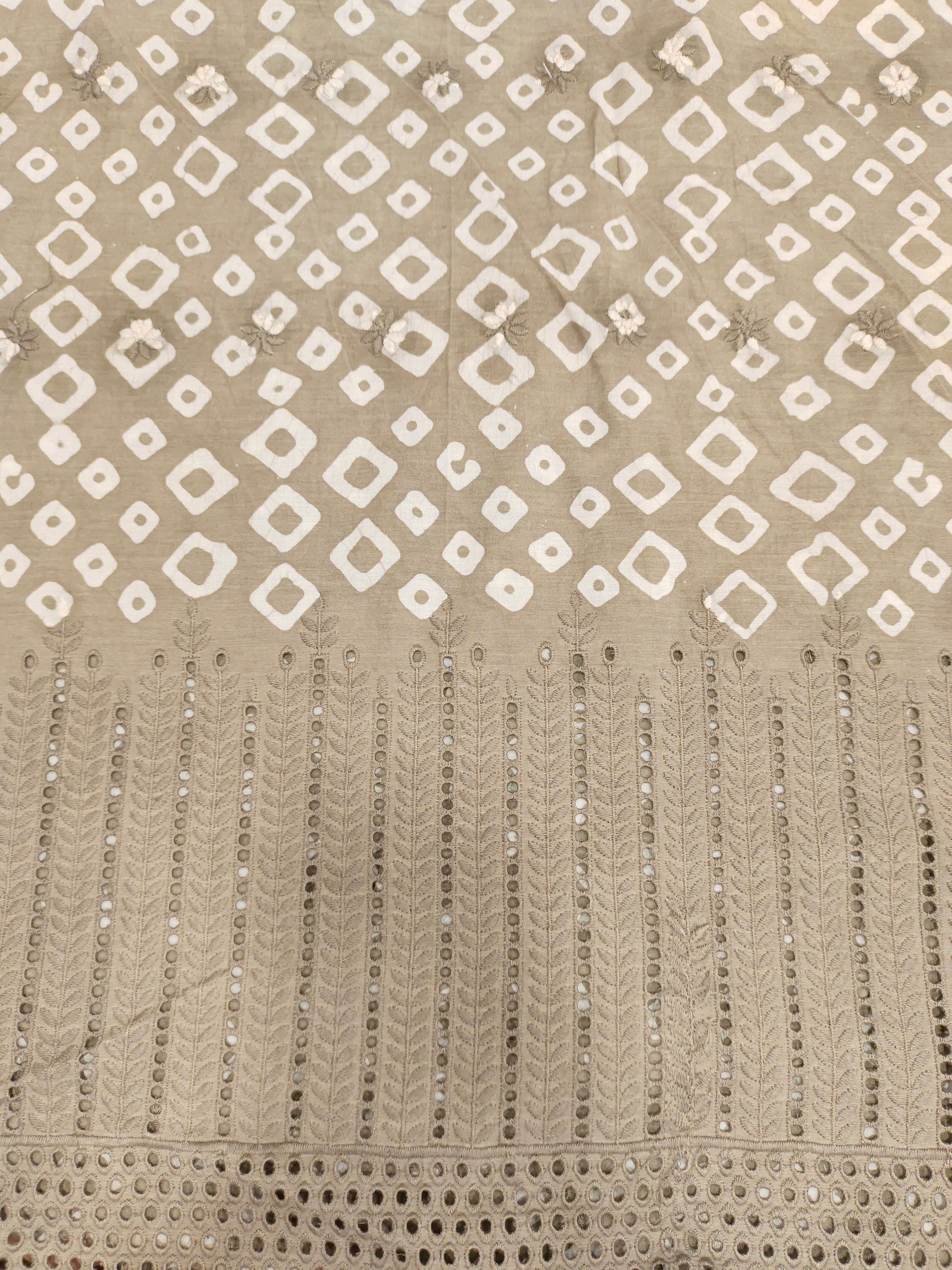 Beige handblock print with schifili embroidery fabric