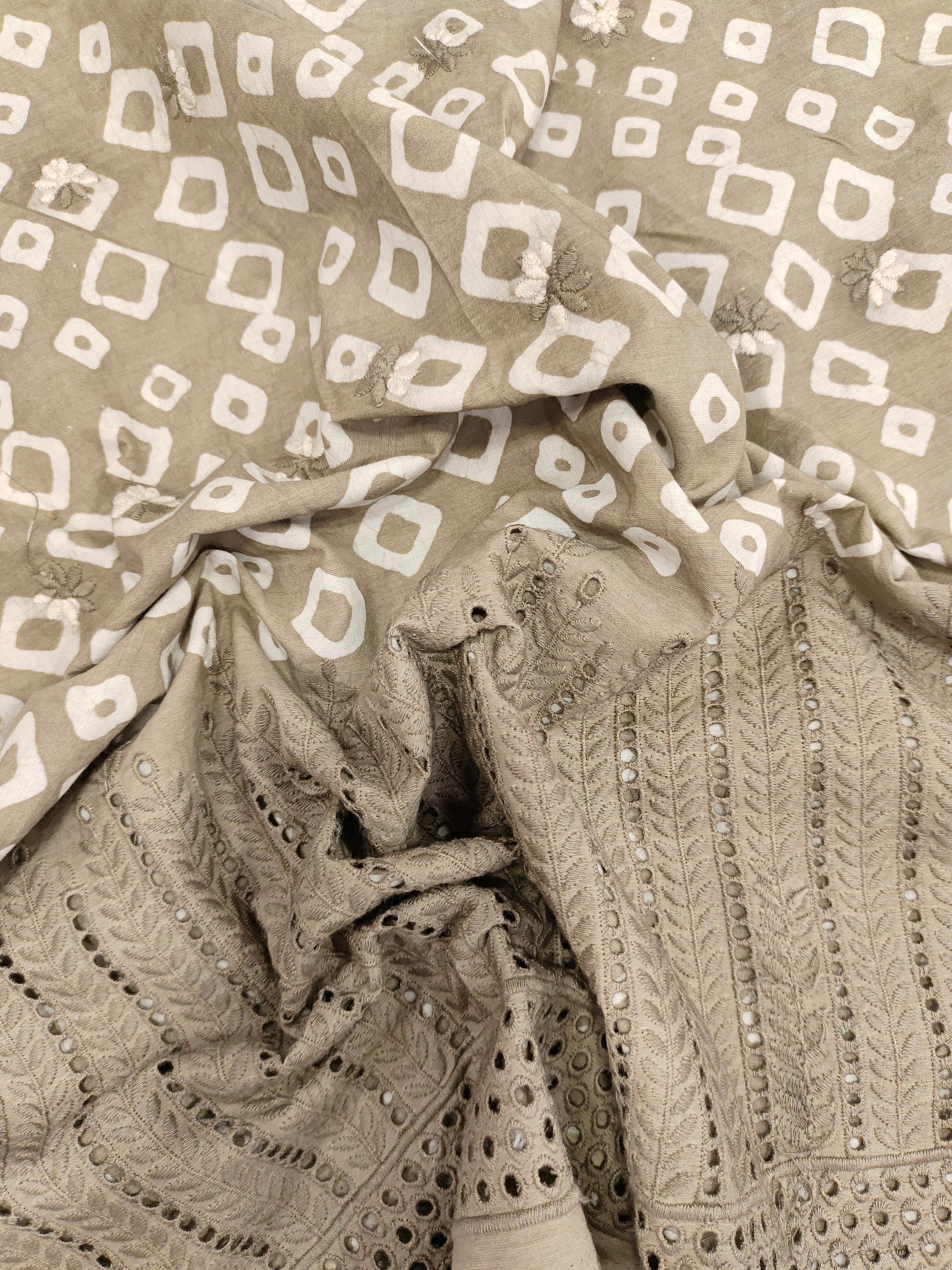 Beige handblock print with schifili embroidery fabric