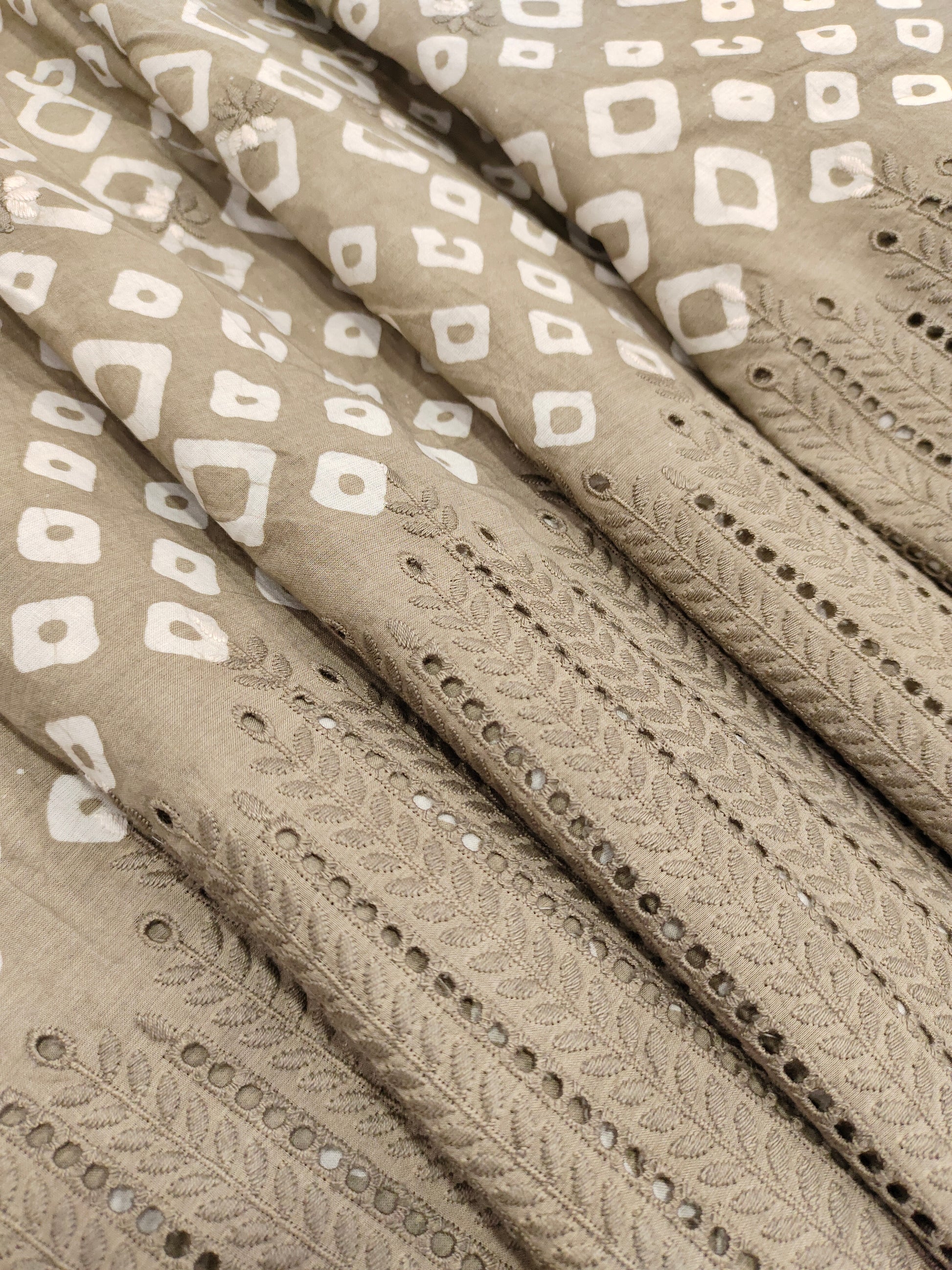 Beige handblock print with schifili embroidery fabric