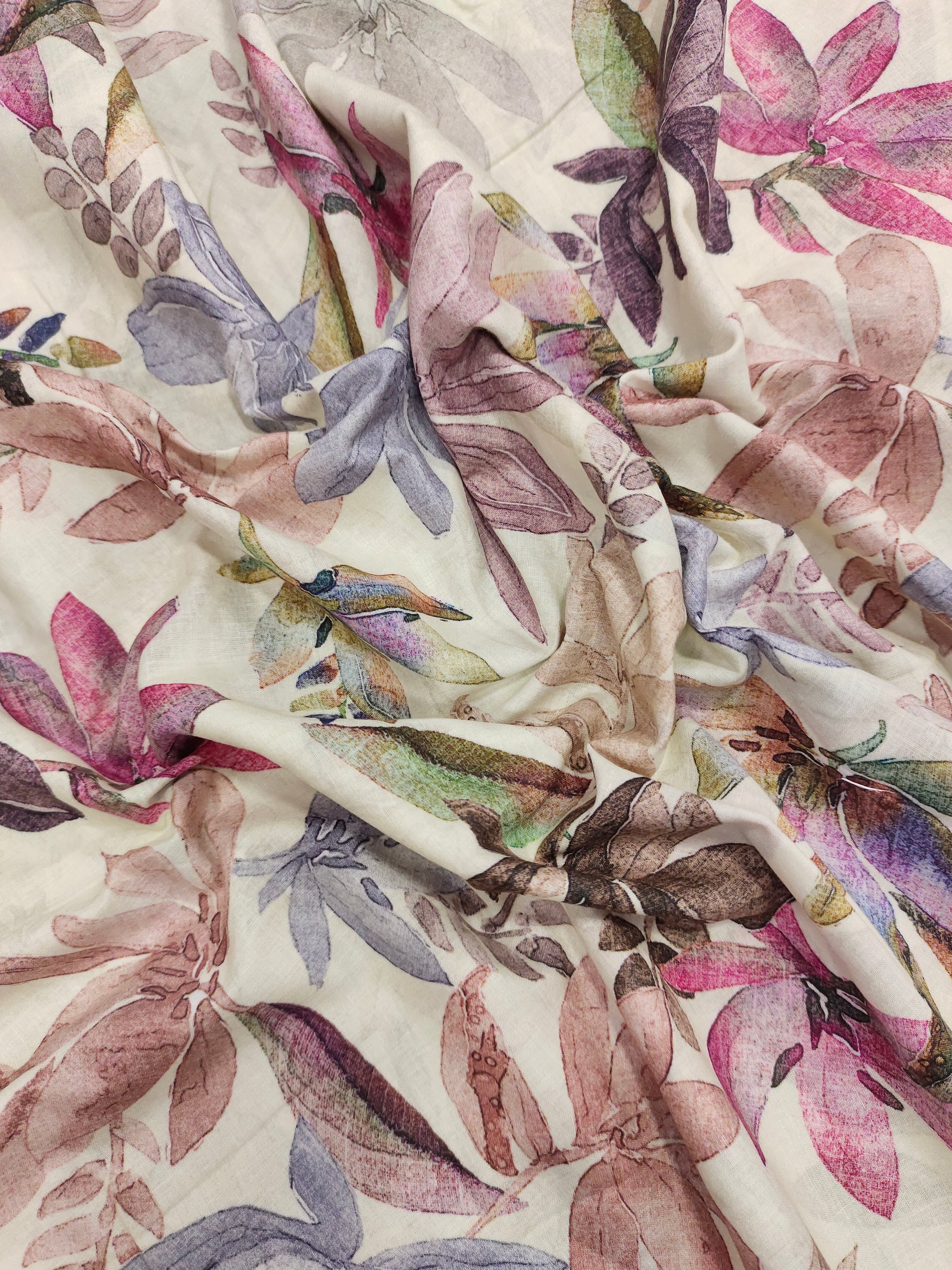 Pure soft cotton fabric digital print with pink and light purple on offwhite base.
