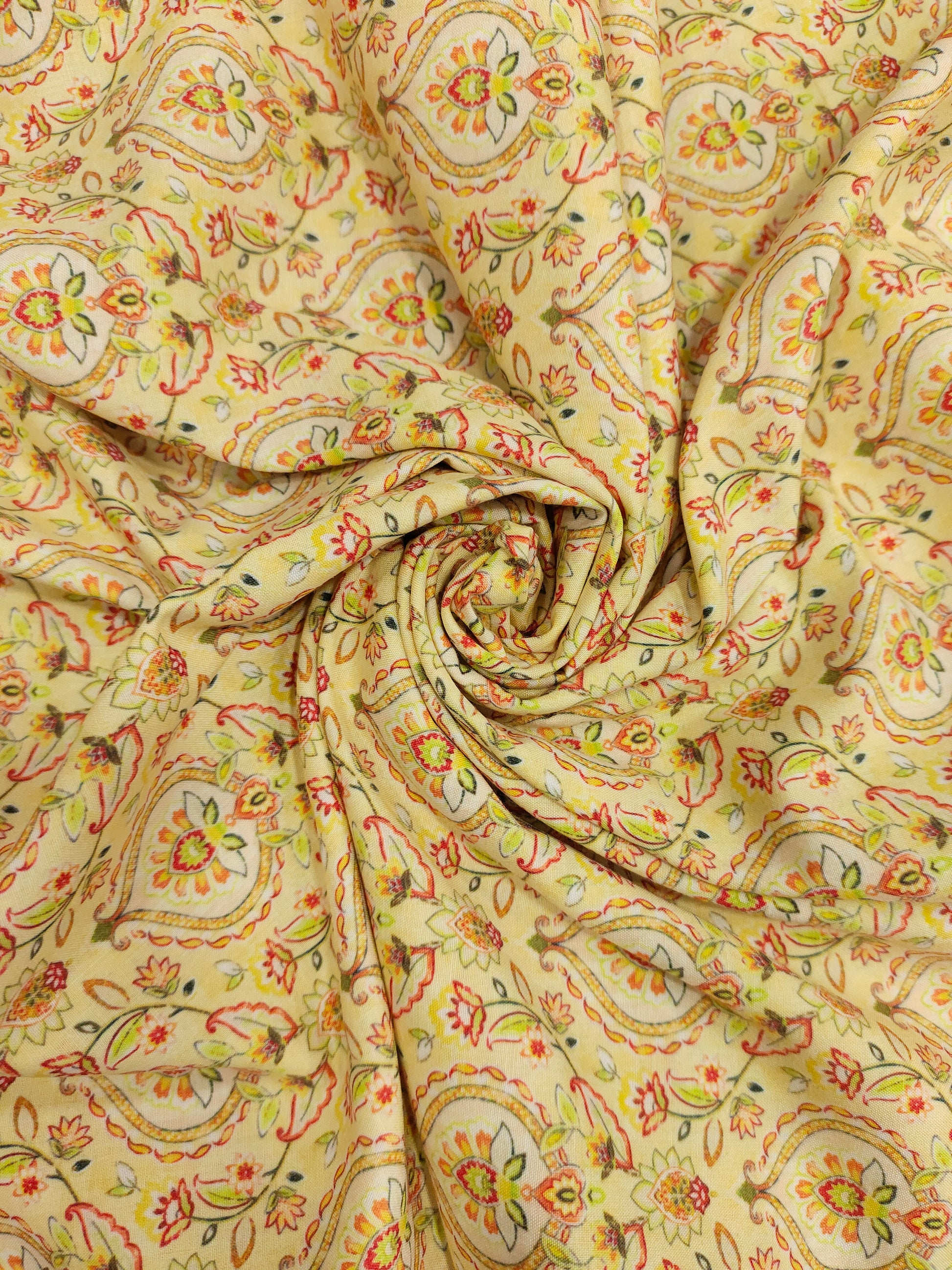 Cotton light yellow base digital print with red and green.