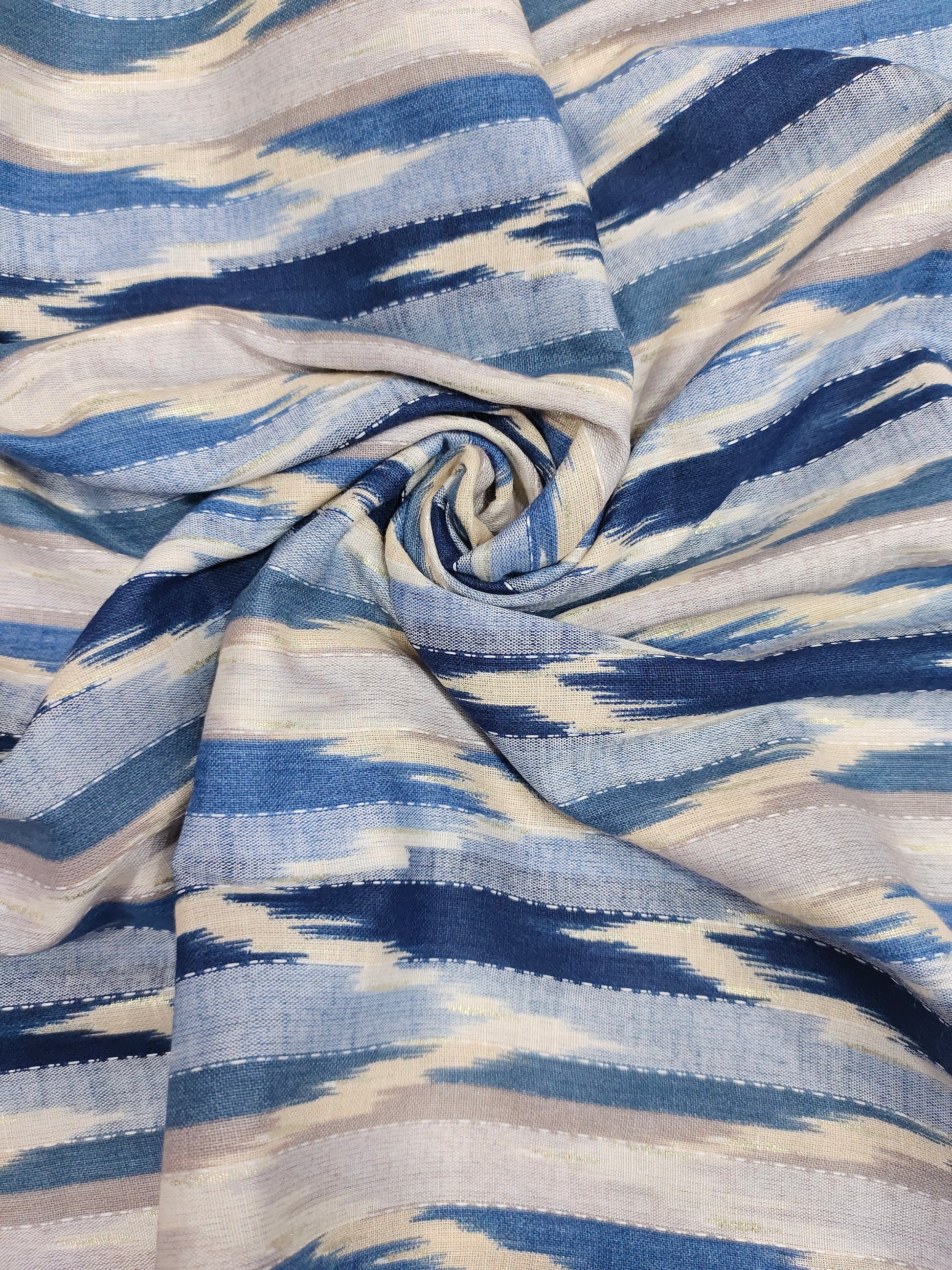 Cotton katha digital print withblu and little gold foile.